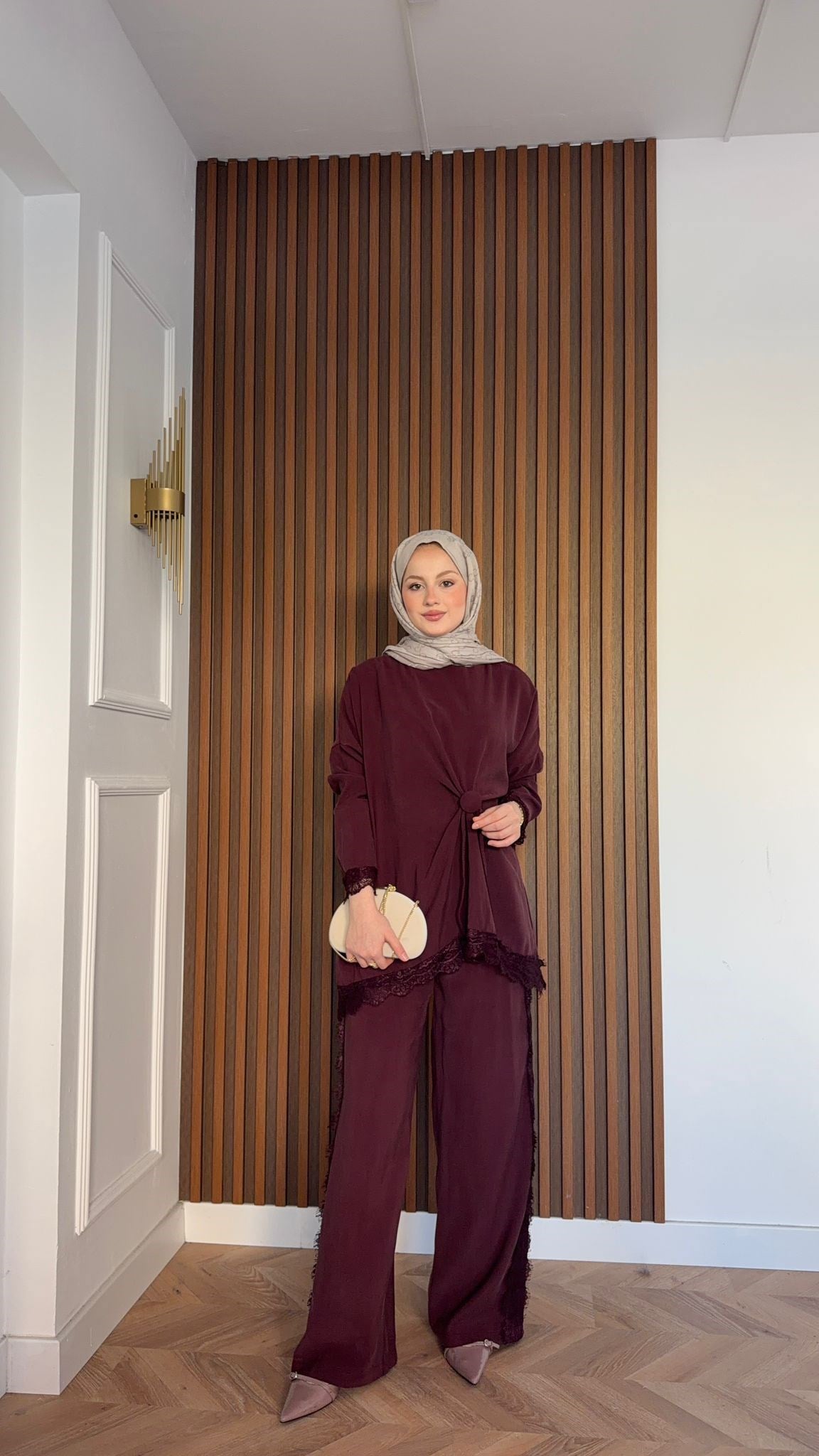 MEYSADESIGN PANTOLON TAKIM Roi Dantelli Tensel Pantolonlu Takım Bordo
