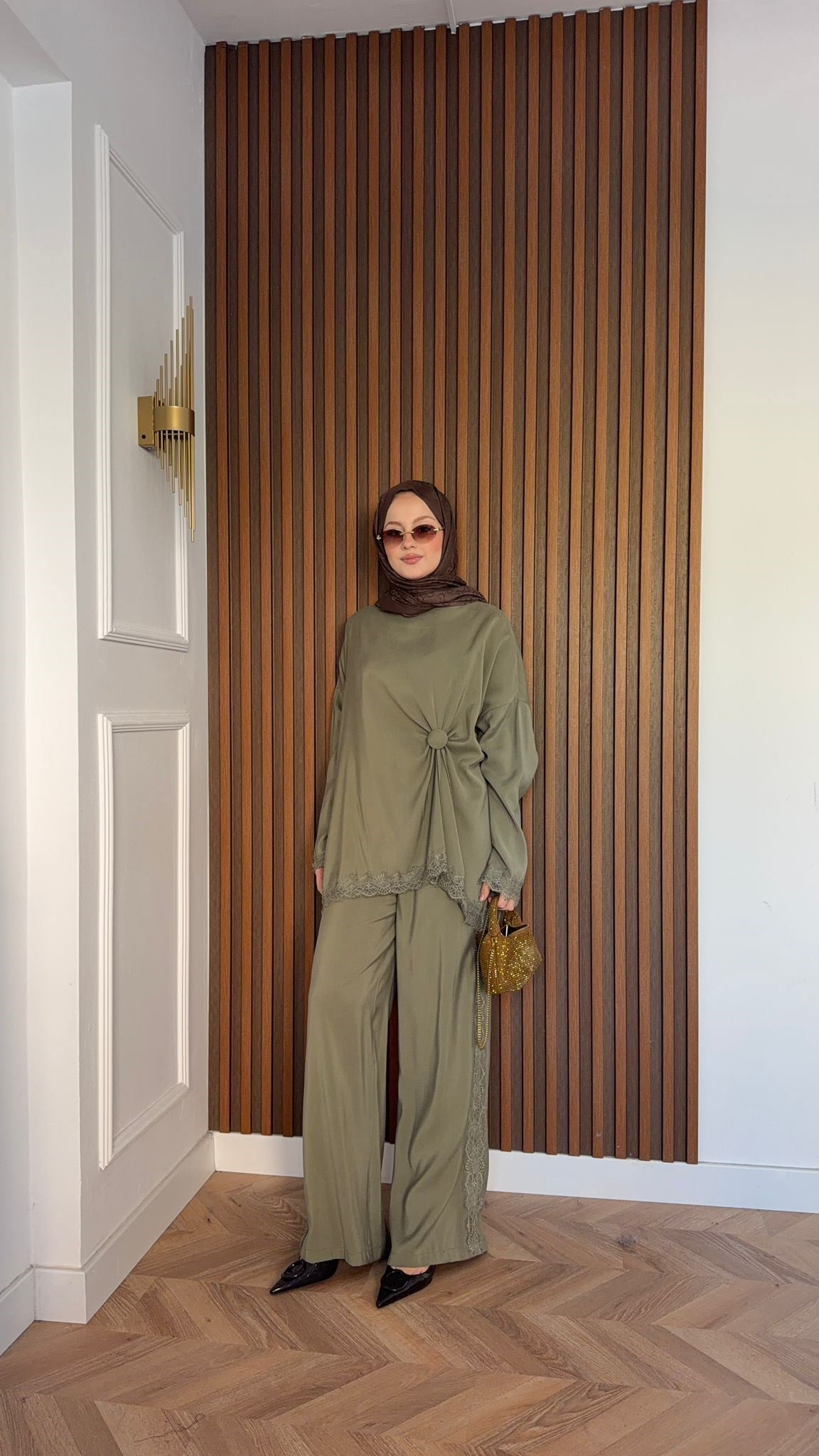 MEYSADESIGN PANTOLON TAKIM Roi Dantelli Tensel Pantolonlu Takım Haki