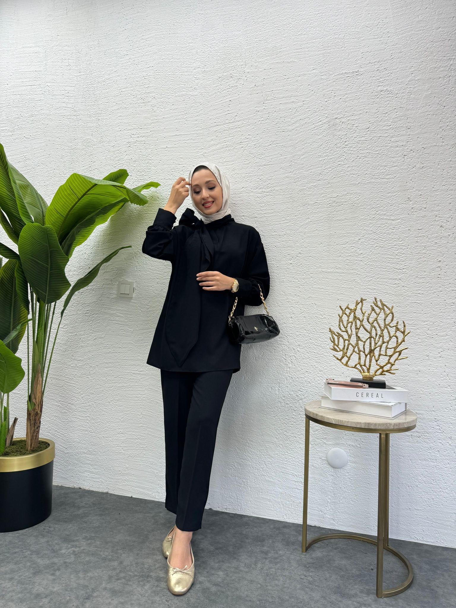 MEYSADESIGN PANTOLON TAKIM Şal Yakalı Krep İkili Takım Siyah