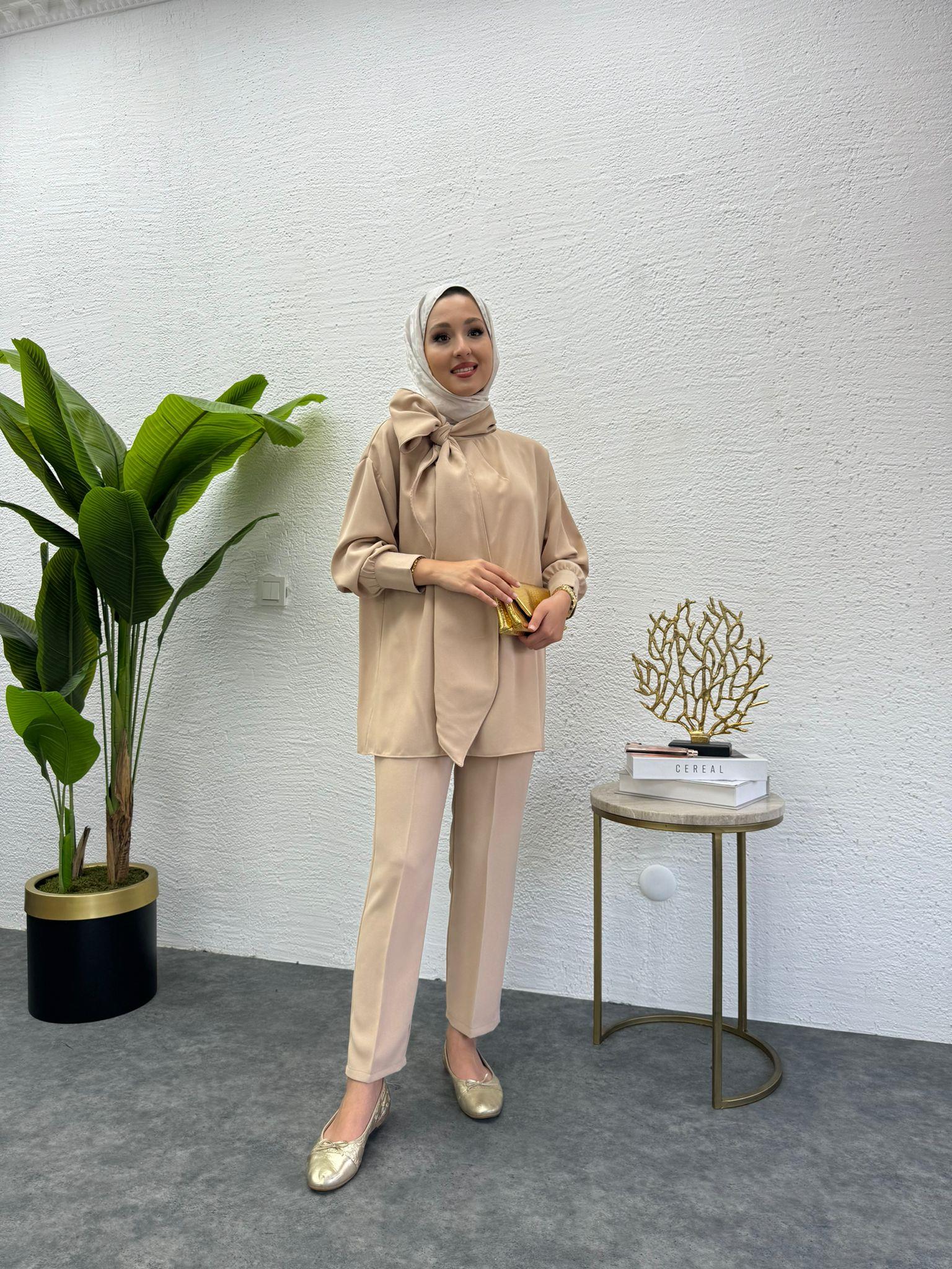 MEYSADESIGN PANTOLON TAKIM Şal Yakalı Krep İkili Takım Taş