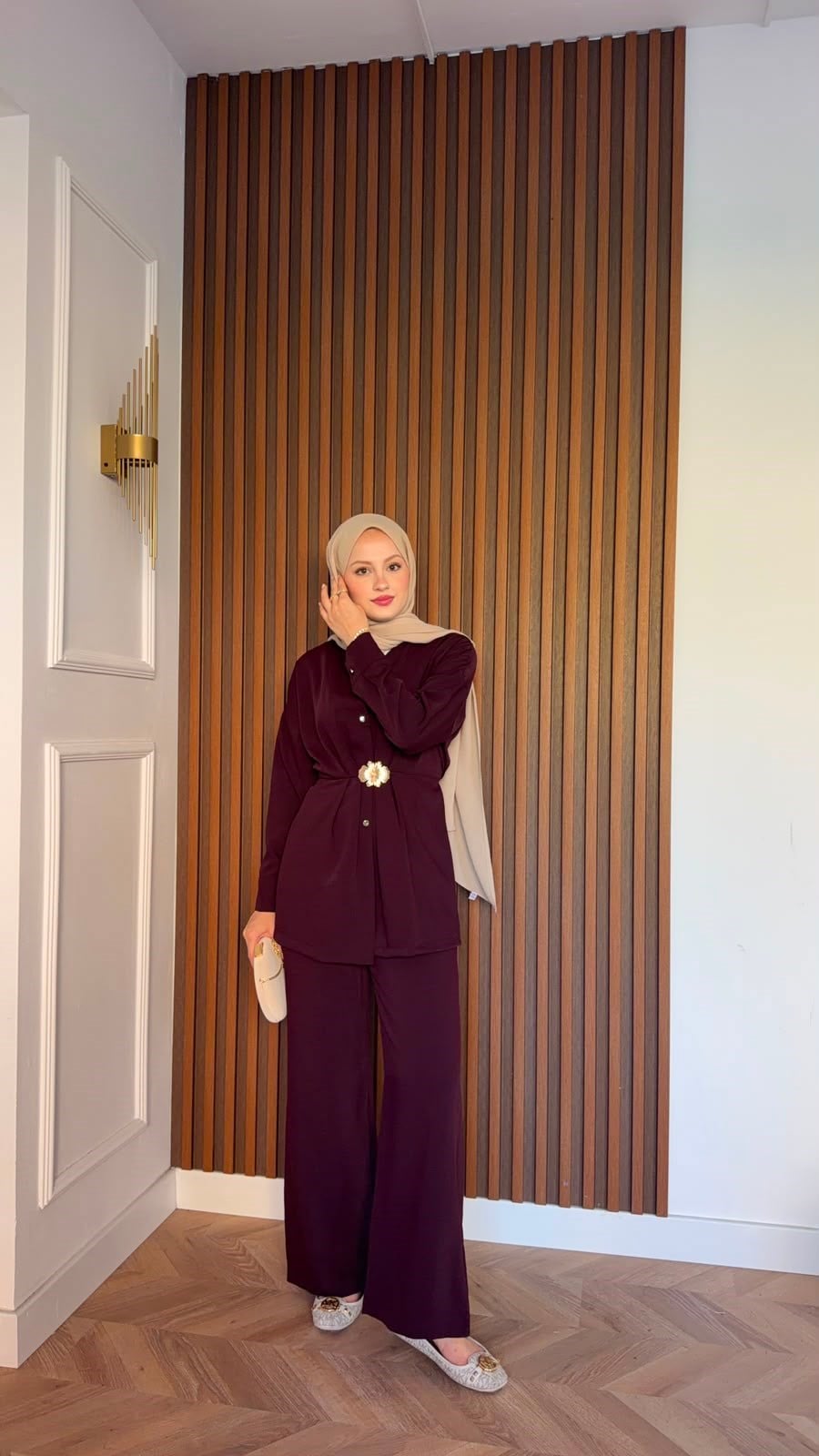 MEYSADESIGN PANTOLON TAKIM Şanel Gold Detaylı Pantolonlu Takım Bordo