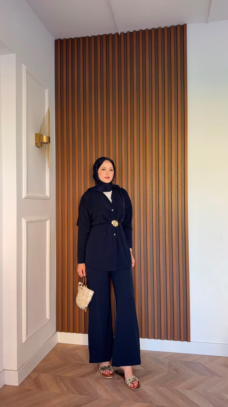 MEYSADESIGN PANTOLON TAKIM Şanel Gold Detaylı Pantolonlu Takım Lacivert