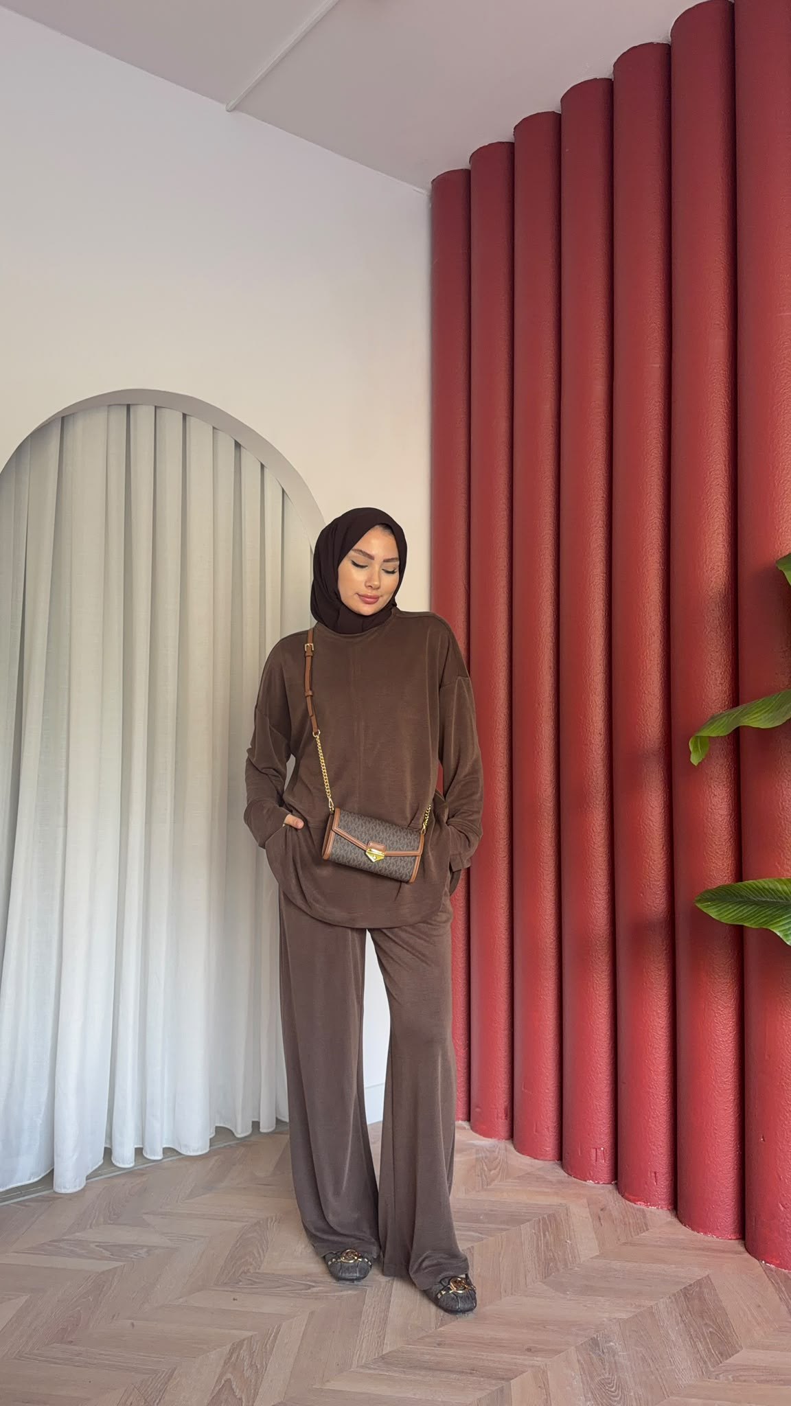 MEYSADESIGN PANTOLON TAKIM Sedef Pike Kumaş İkili Takım Acı Kahve