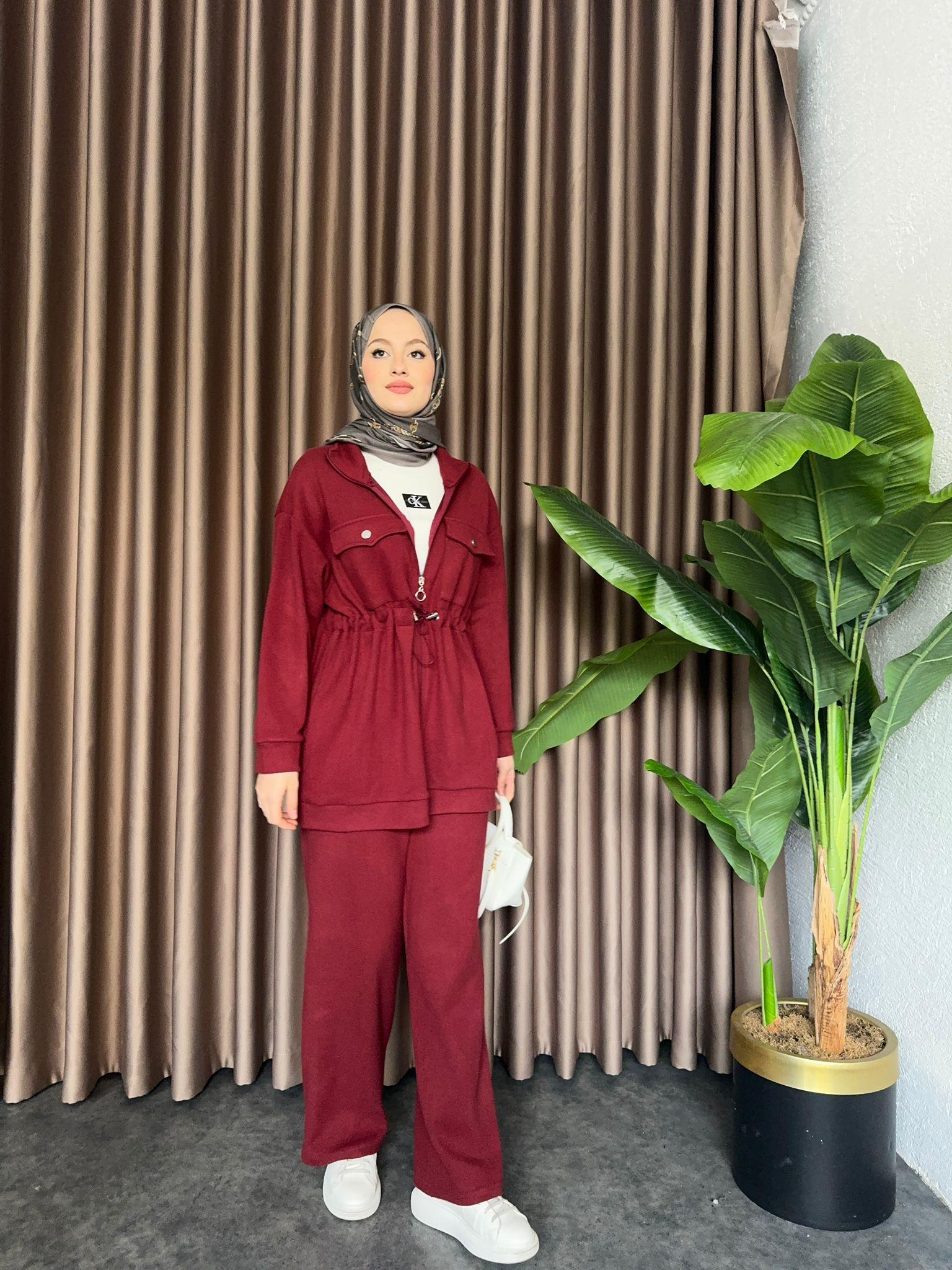 MEYSADESIGN PANTOLON TAKIM Selanik Örme Fermuarlı Zımbalı Takım Bordo