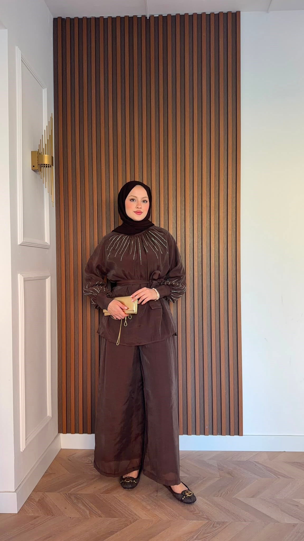MEYSADESIGN PANTOLON TAKIM Silver Taşlı Tül Pantolonlu Takım Acı Kahve