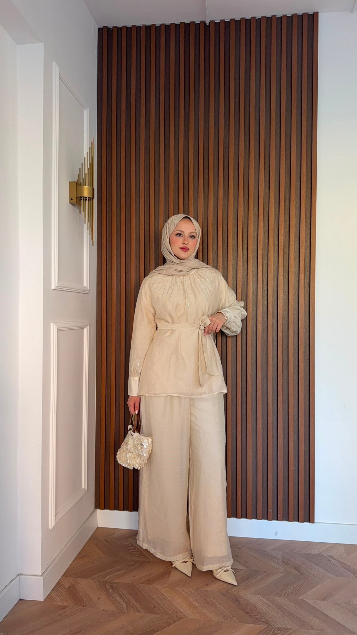 MEYSADESIGN PANTOLON TAKIM Silver Taşlı Tül Pantolonlu Takım Bej