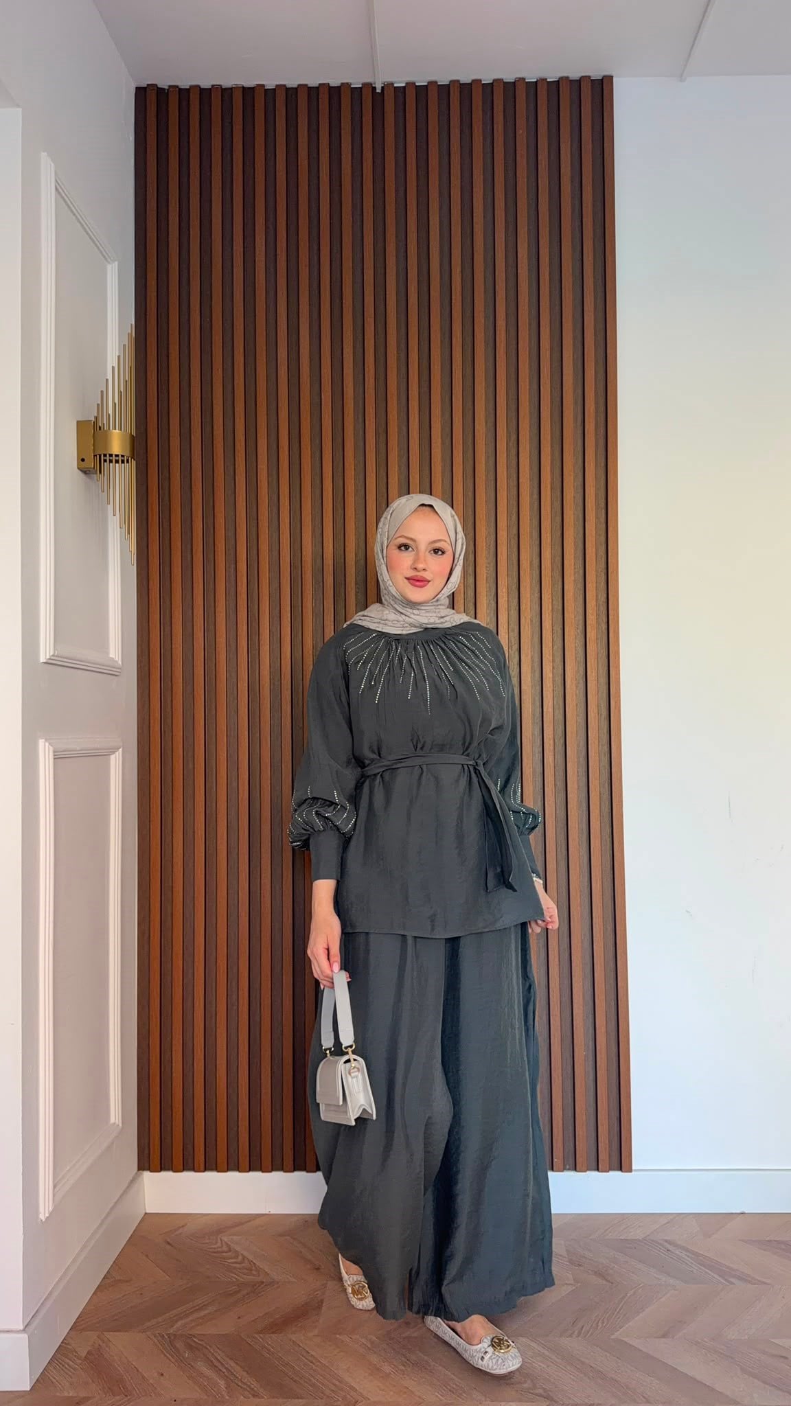 MEYSADESIGN PANTOLON TAKIM Silver Taşlı Tül Pantolonlu Takım Haki