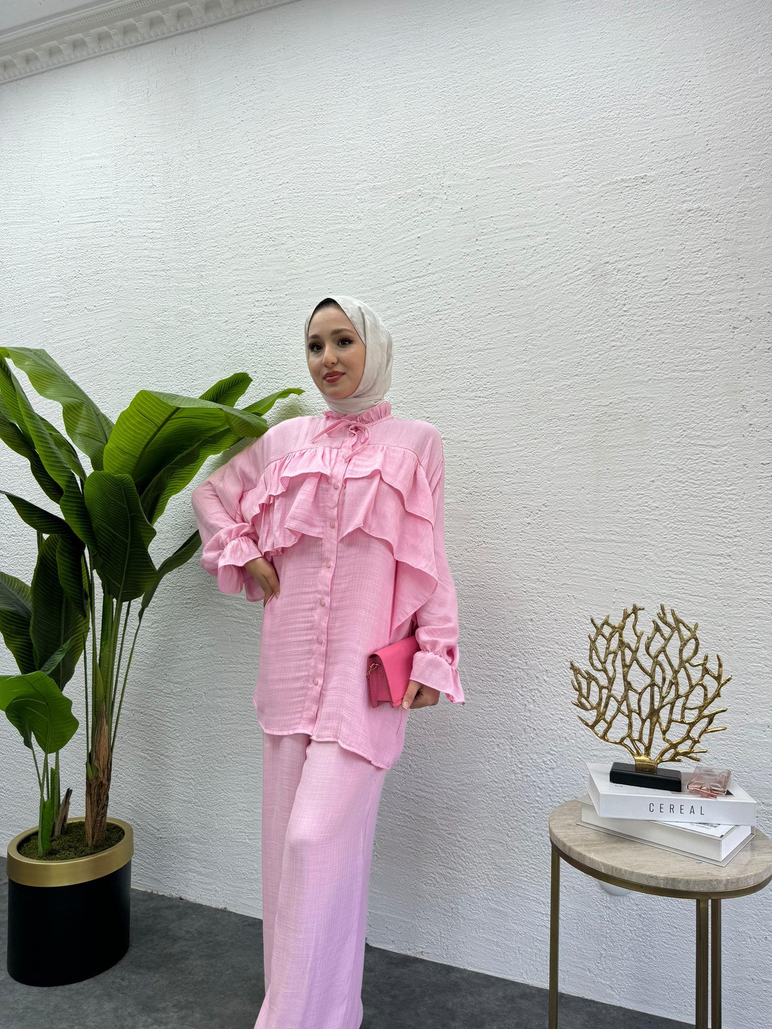 MEYSADESIGN PANTOLON TAKIM Soft Keten Pantolonlu Takım Pudra Pembesi