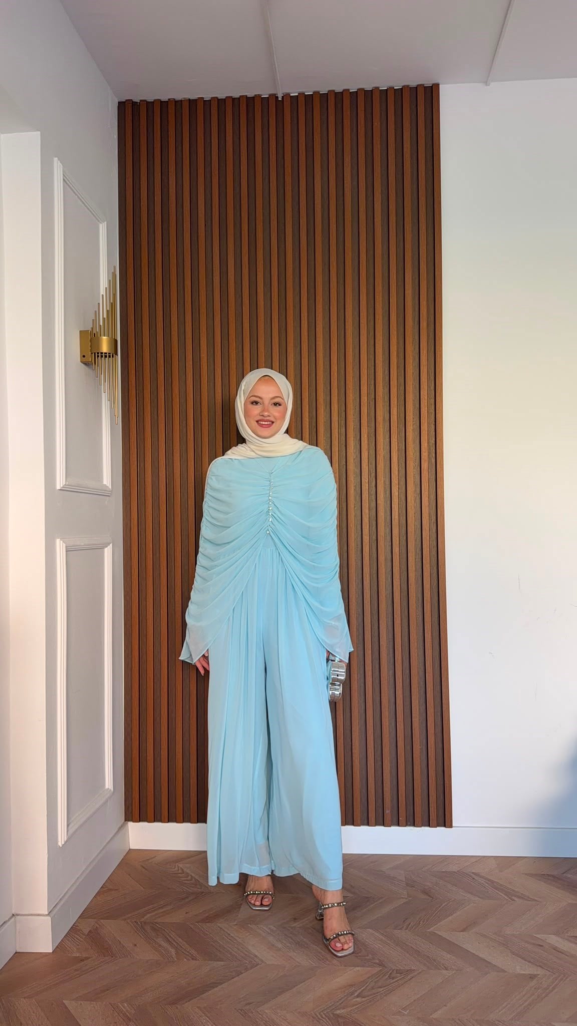MEYSADESIGN PANTOLON TAKIM Taşlı Büzgülü Multi Şifon Tulum Bebe Mavisi