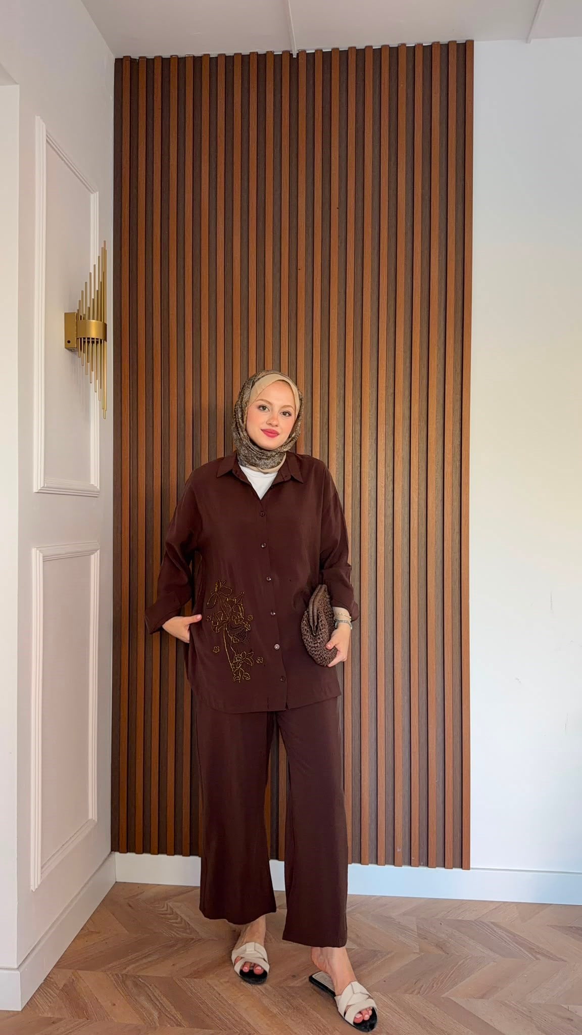 MEYSADESIGN PANTOLON TAKIM Vanilya Boncuk İşlemeli Tensel Pantolonlu Takım Acı Kahve