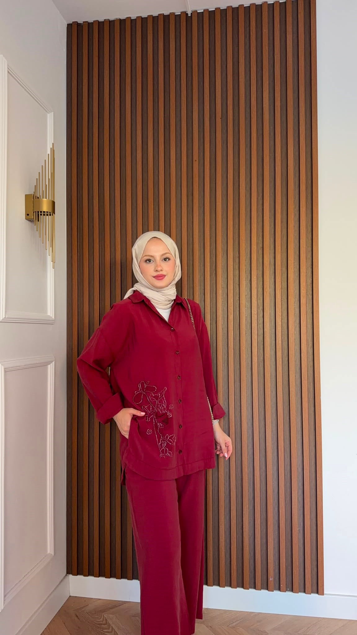 MEYSADESIGN PANTOLON TAKIM Vanilya Boncuk İşlemeli Tensel Pantolonlu Takım Bordo