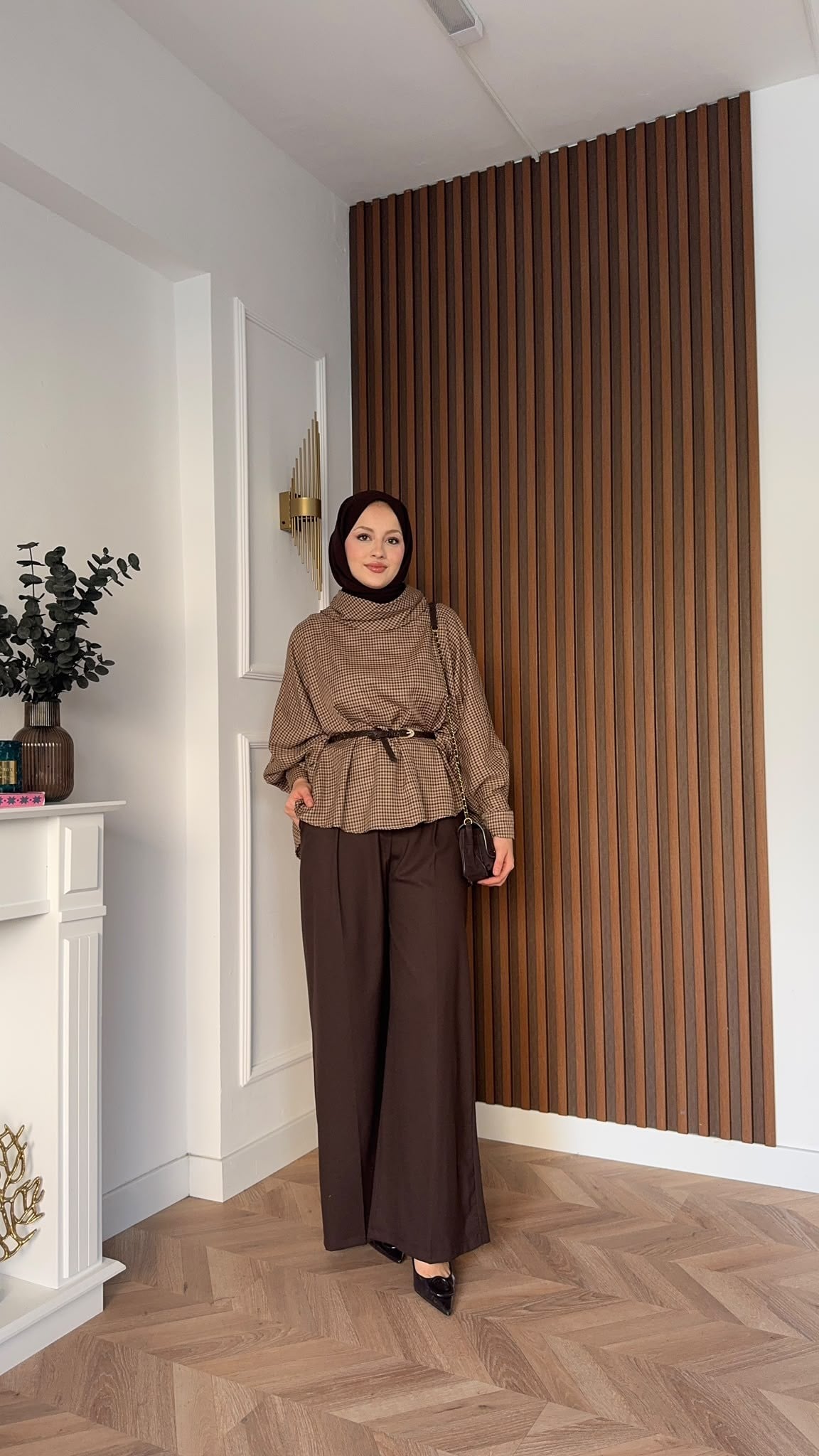 MEYSADESIGN PANTOLON TAKIM Yarasa Kol Ekoseli Pantolonlu Takım Kahve
