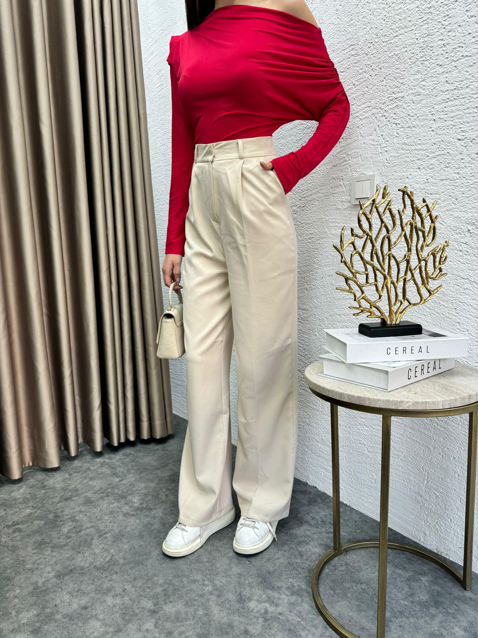 Zra Pleated Comfortable Palazzo Trousers Beige