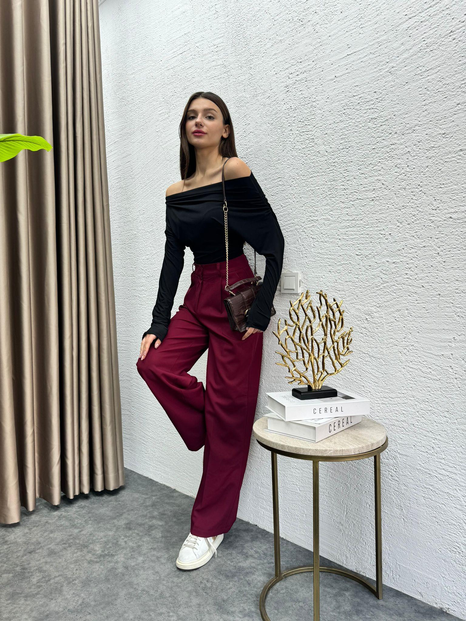 Zra Pleated Comfortable Palazzo Trousers Burgundy