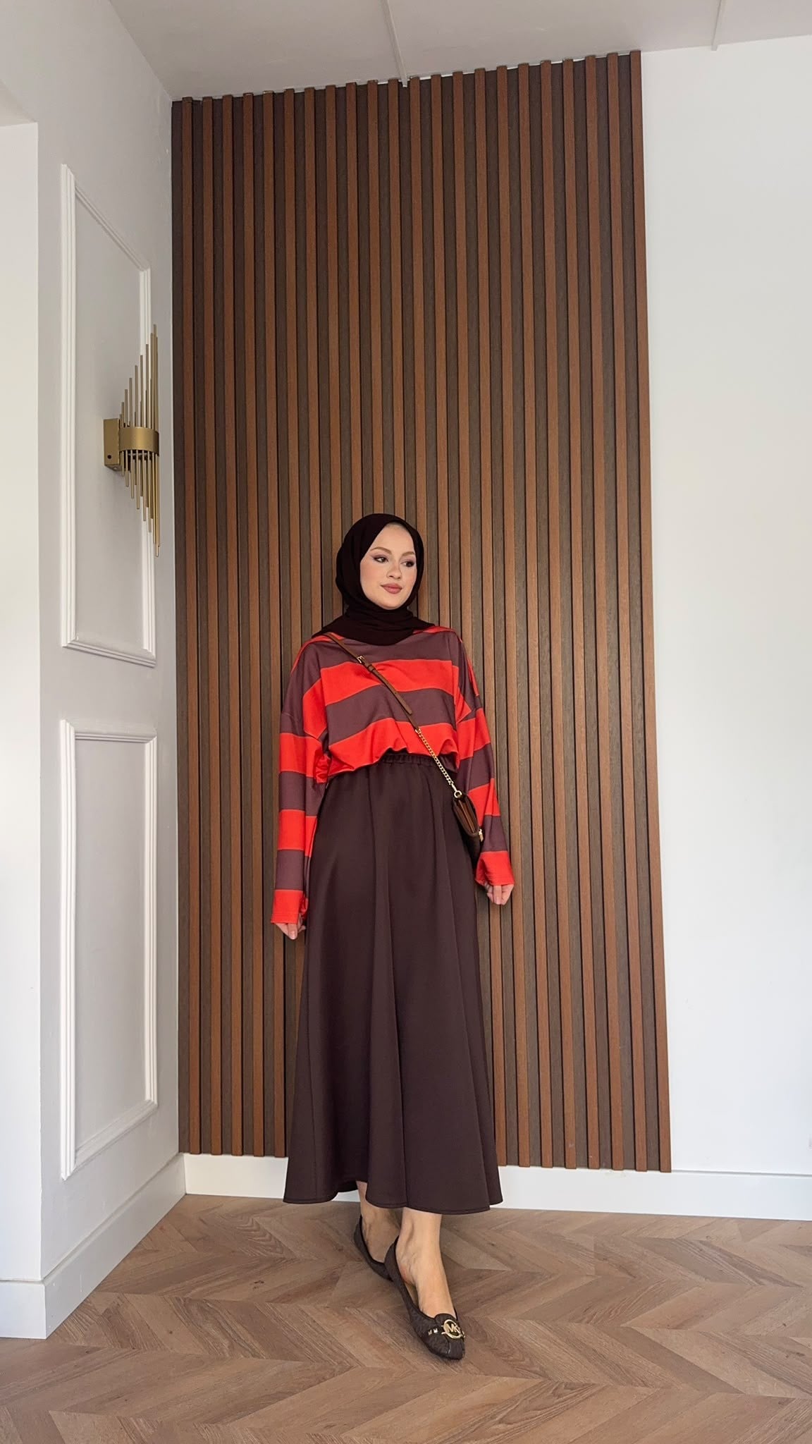 MEYSADESIGN SWEAT Nage Çizgili Sweatshirt Kırmızı Kahve