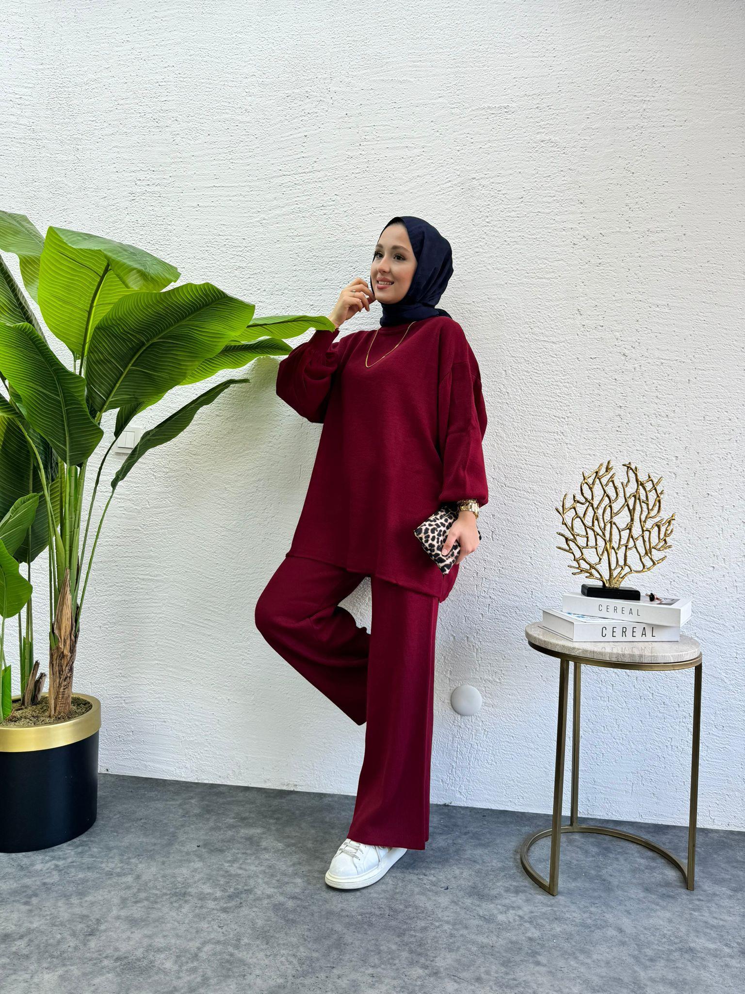 Balloon Sleeve Knit Set Burgundy