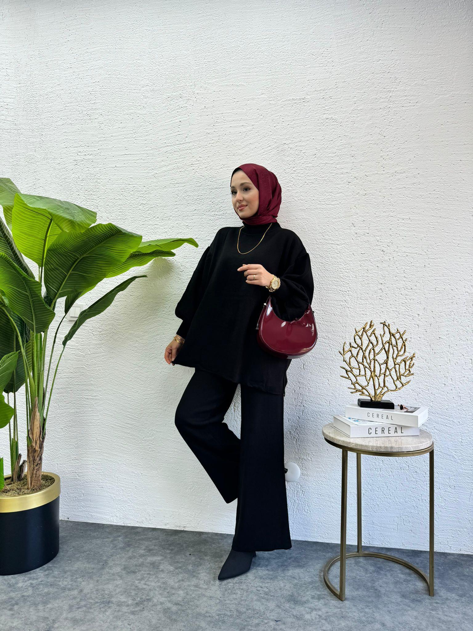 Balloon Sleeve Knit Set Black