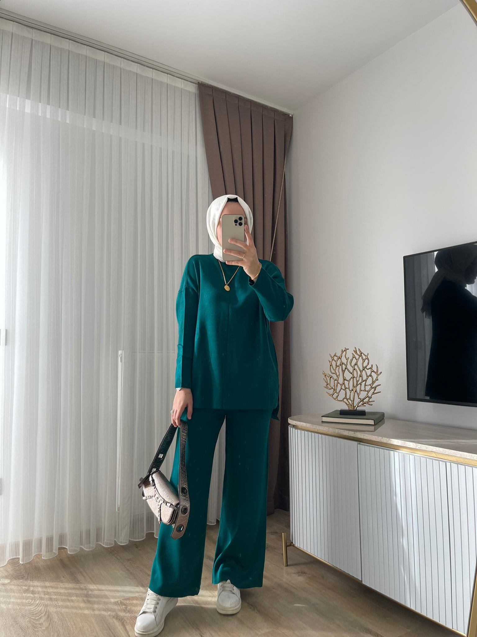 MEYSADESIGN TESETTÜR TRİKO Dik Yaka Triko Takım Zümrüt Yeşili