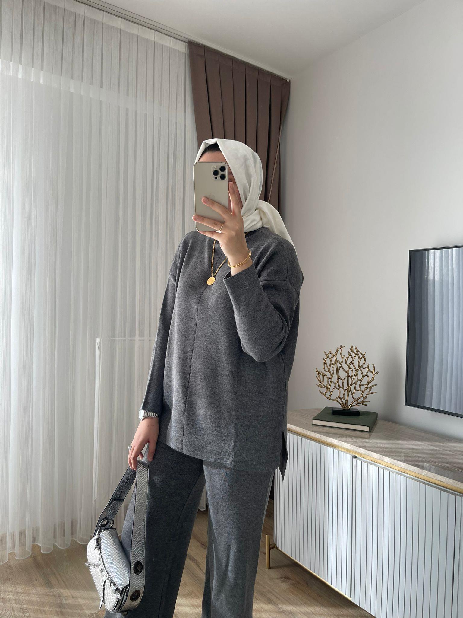MEYSADESIGN TESETTÜR TRİKO Dik Yaka Triko Takım Antrasit