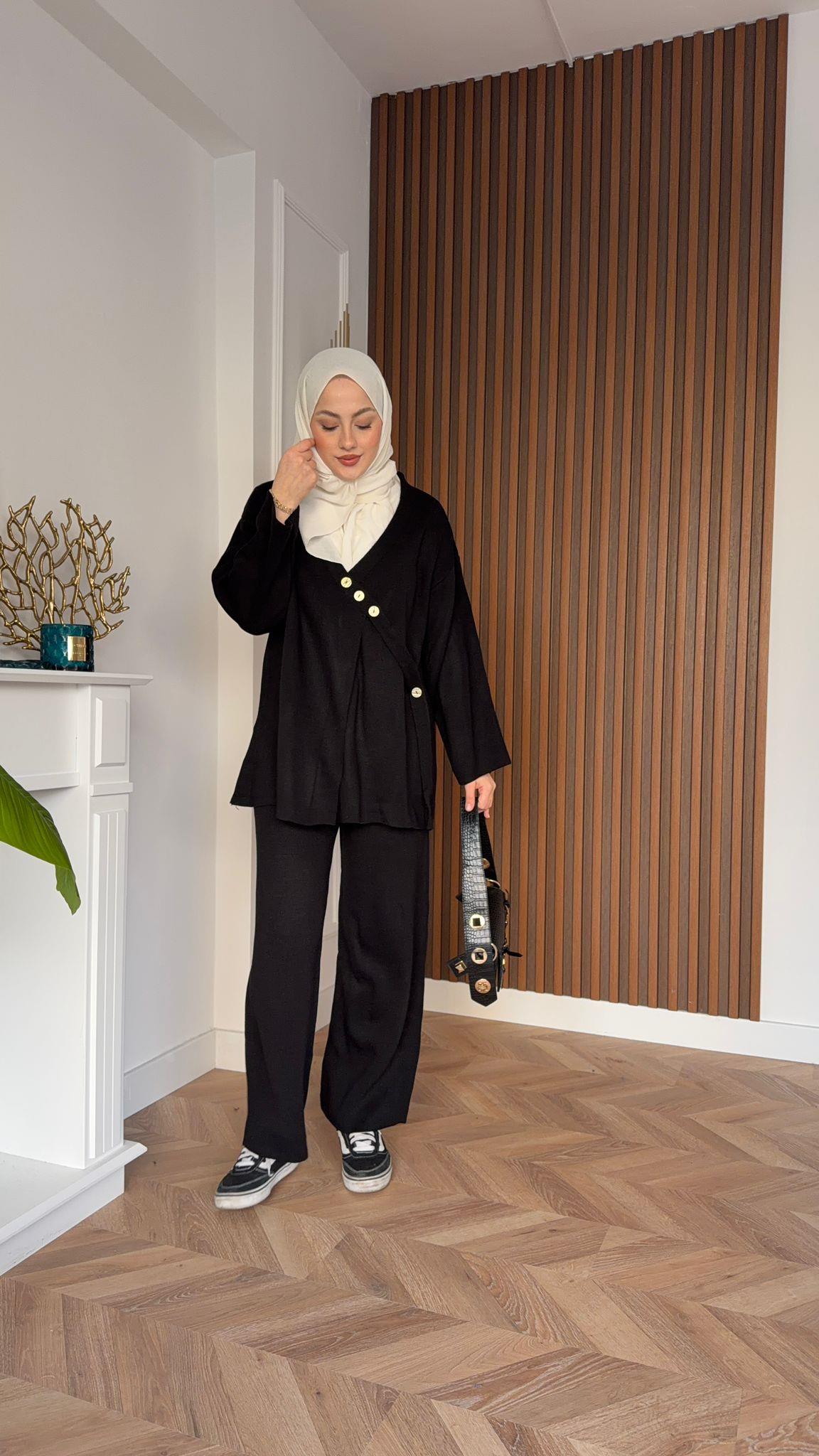 Buttoned Knit Set Black