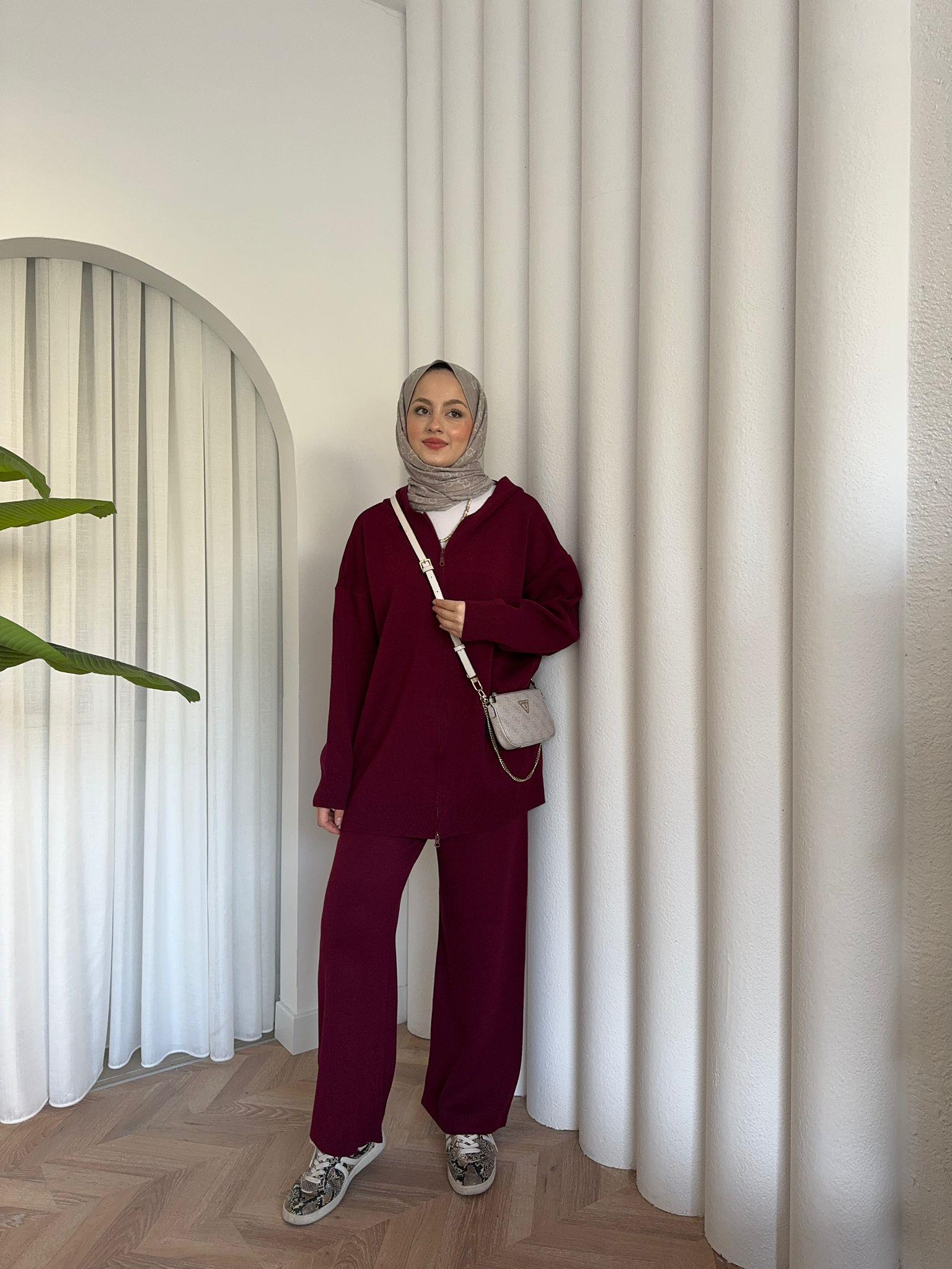 Zippered Hooded Knit Set Burgundy