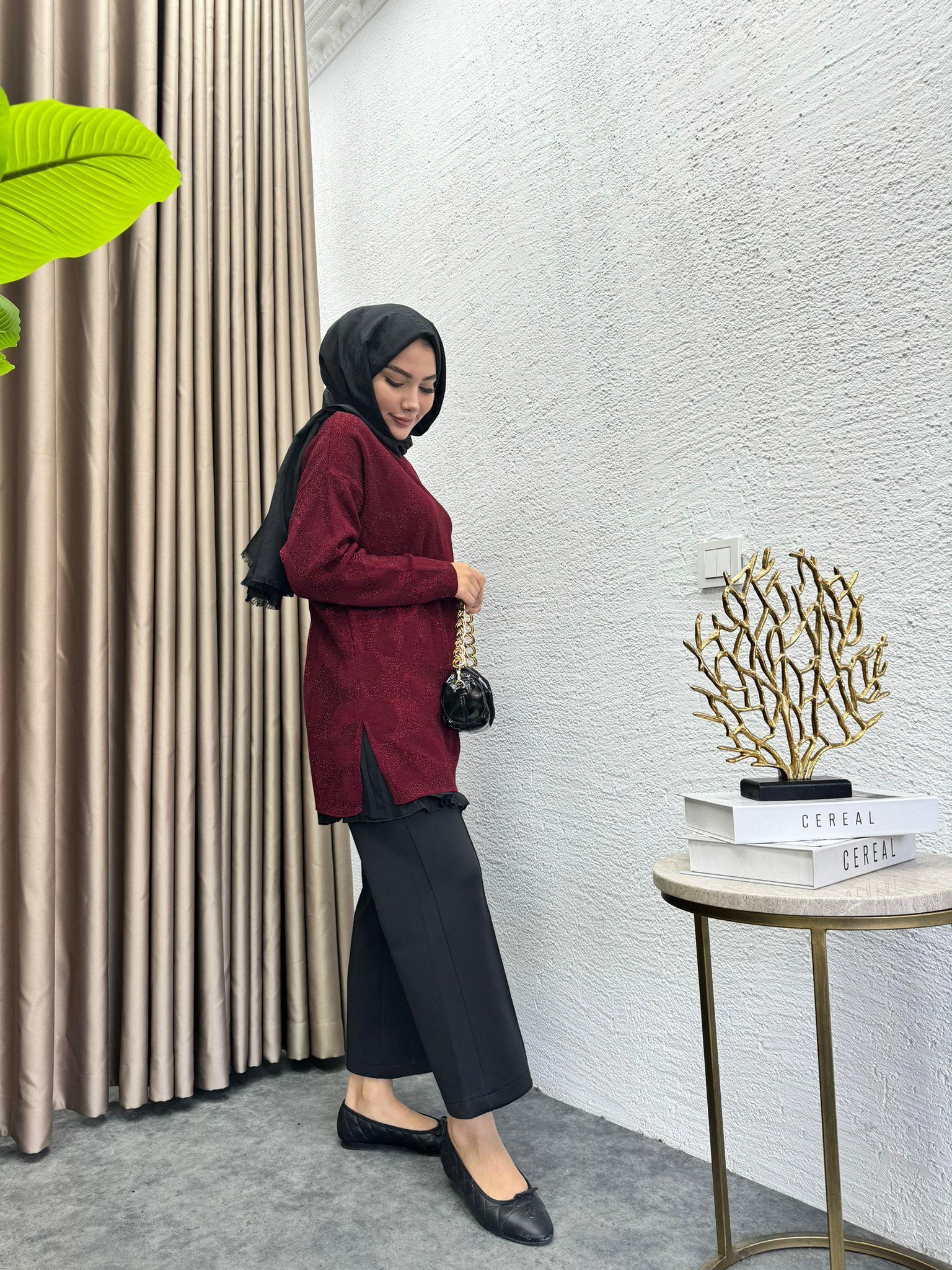 Merserized Leopard Patterned Knitted Sweater Burgundy