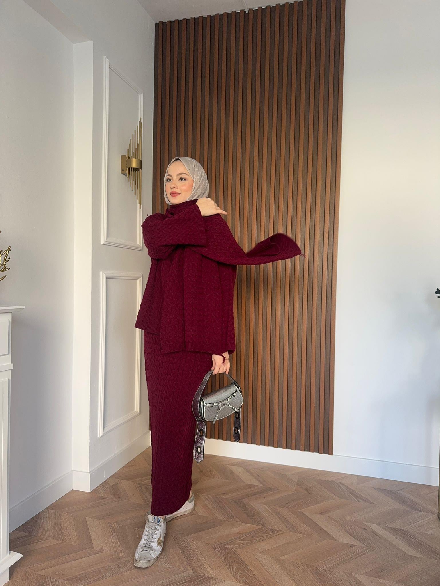Saç Örgü Atkılı Takım Bordo