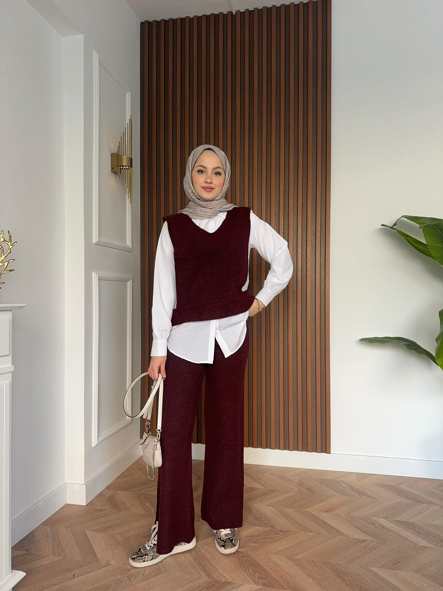 Üçlü Gömlekli Selanik Triko Takım Bordo