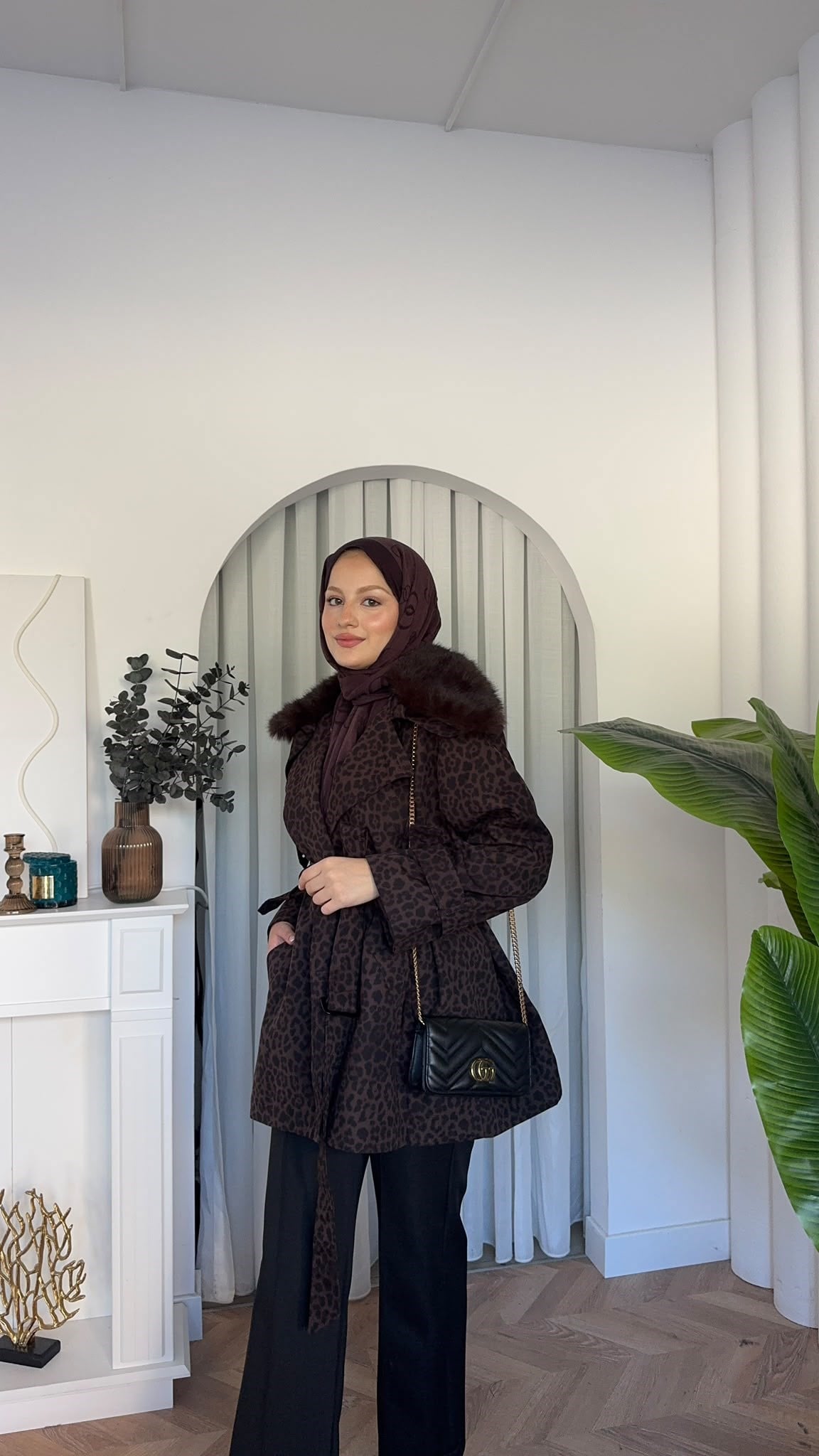 MEYSADESIGN TRENCKOT İnna Leopar Desenli Kürk Yakalı Trençkot