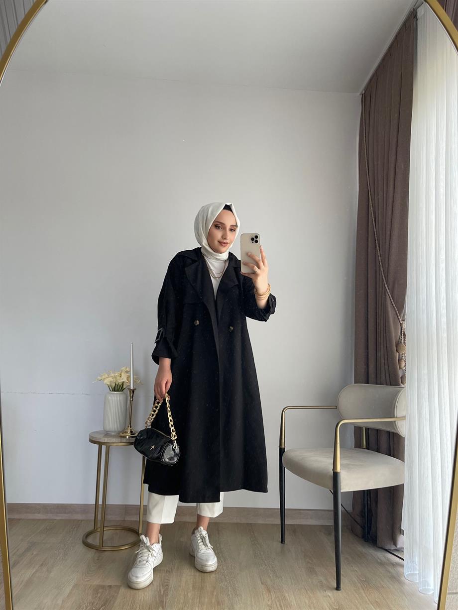 MEYSADESIGN TRENCKOT Tek Düğme Oversize Trençkot Siyah