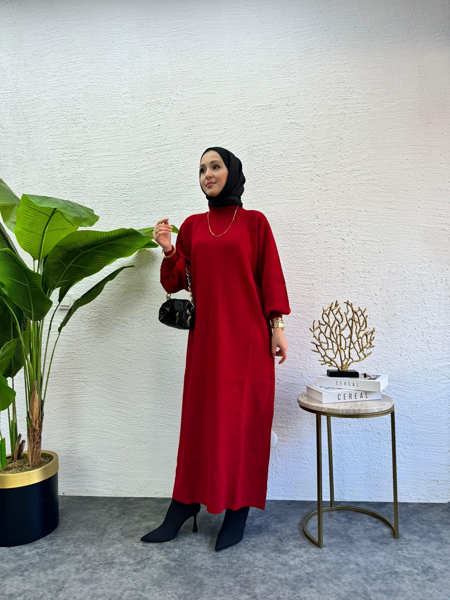 Balloon Sleeve Knit Knit Dress Red