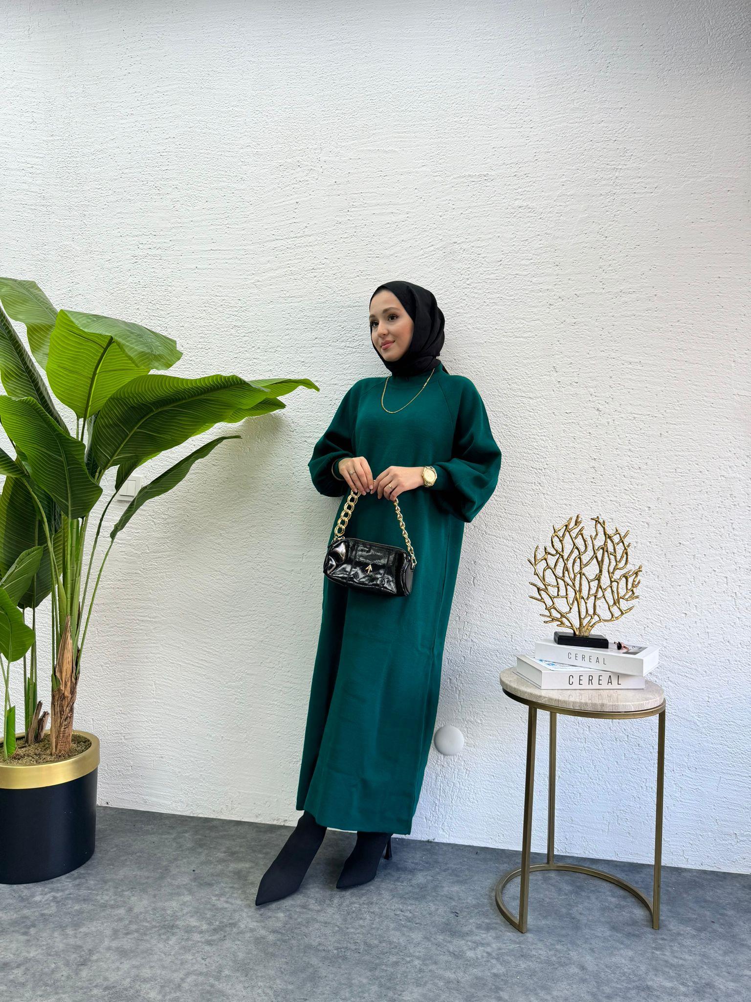 Balloon Sleeve Knit Knit Dress Emerald Green