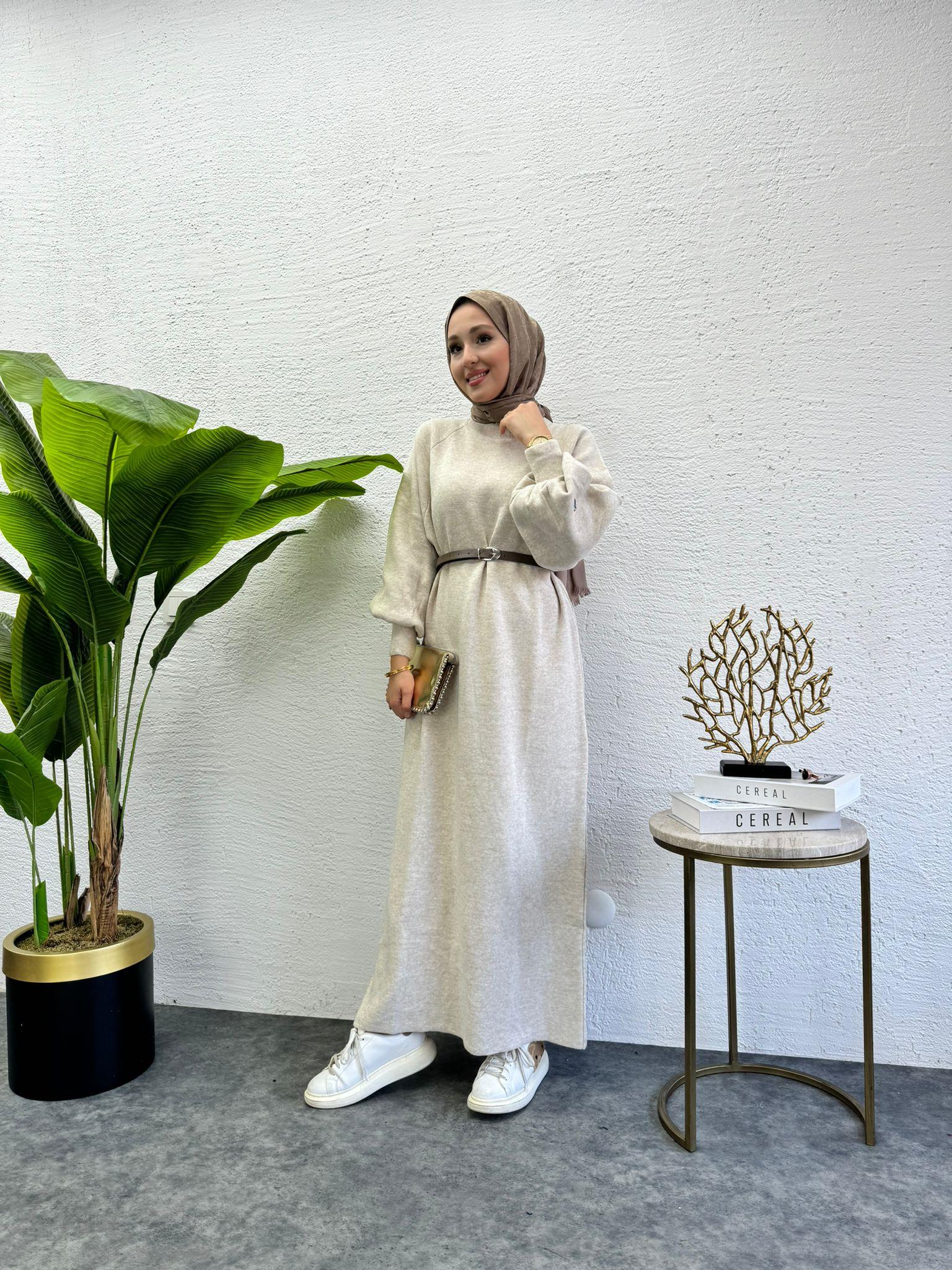 Balloon Sleeve Knit Knit Dress Beige