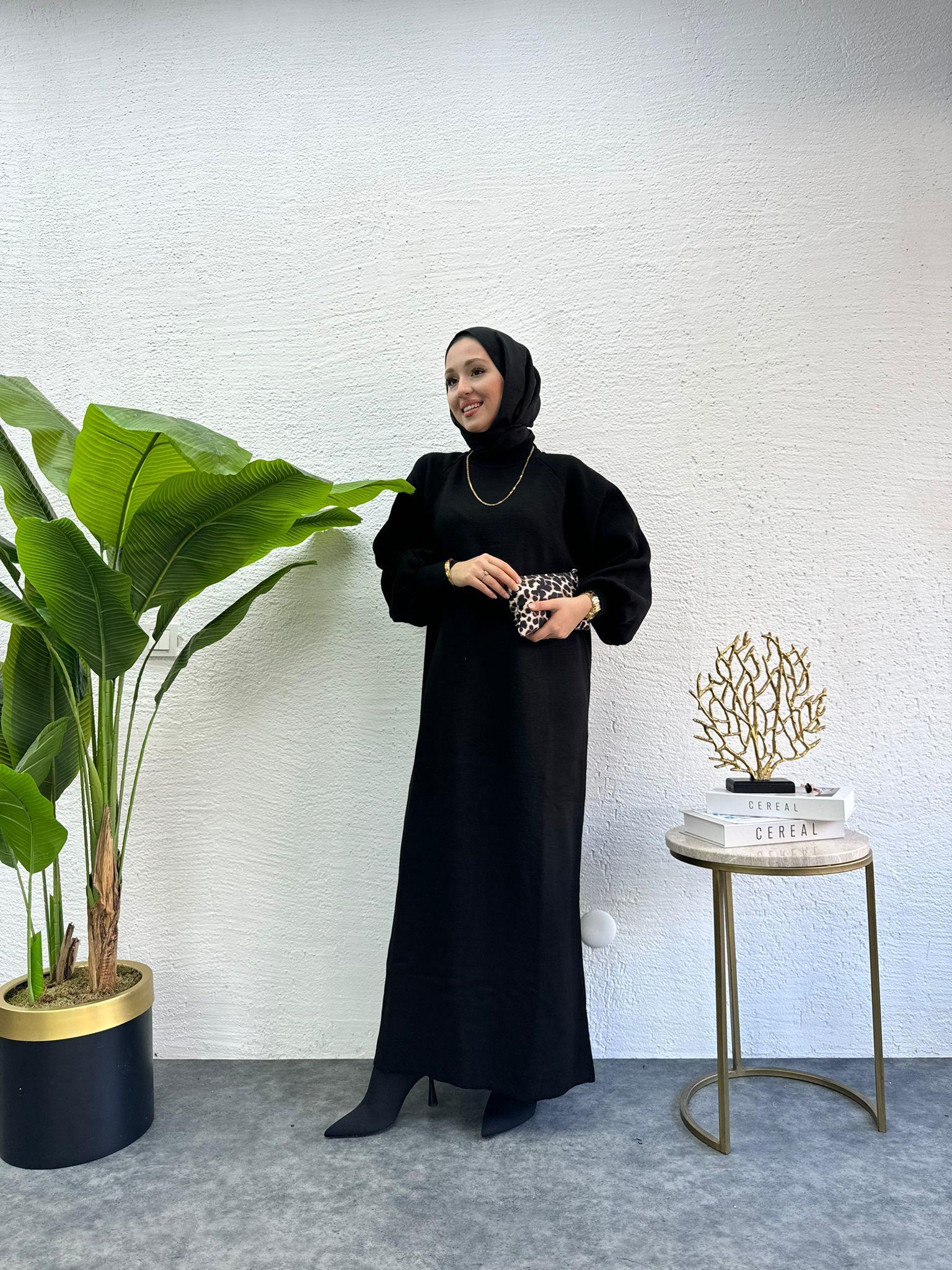 Balloon Sleeve Knit Knit Dress Black