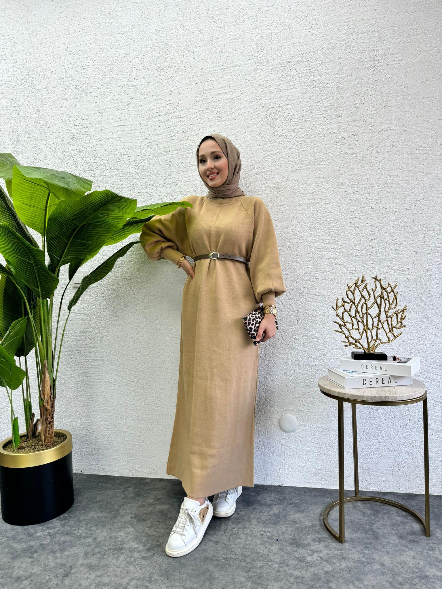 Balloon Sleeve Knit Knit Dress Brown