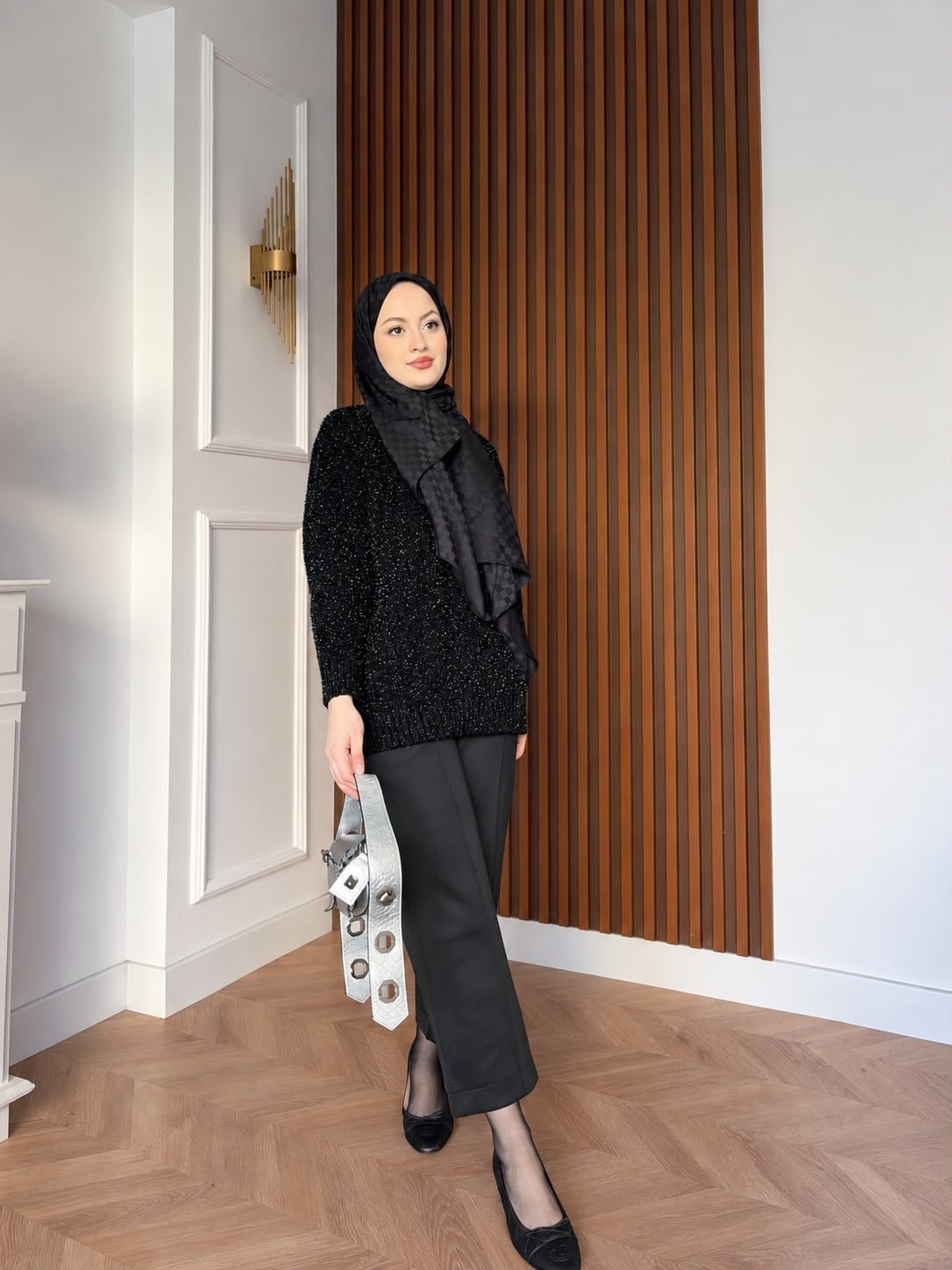 MEYSADESIGN TRİKO KAZAK Simli Triko Kazak Siyah