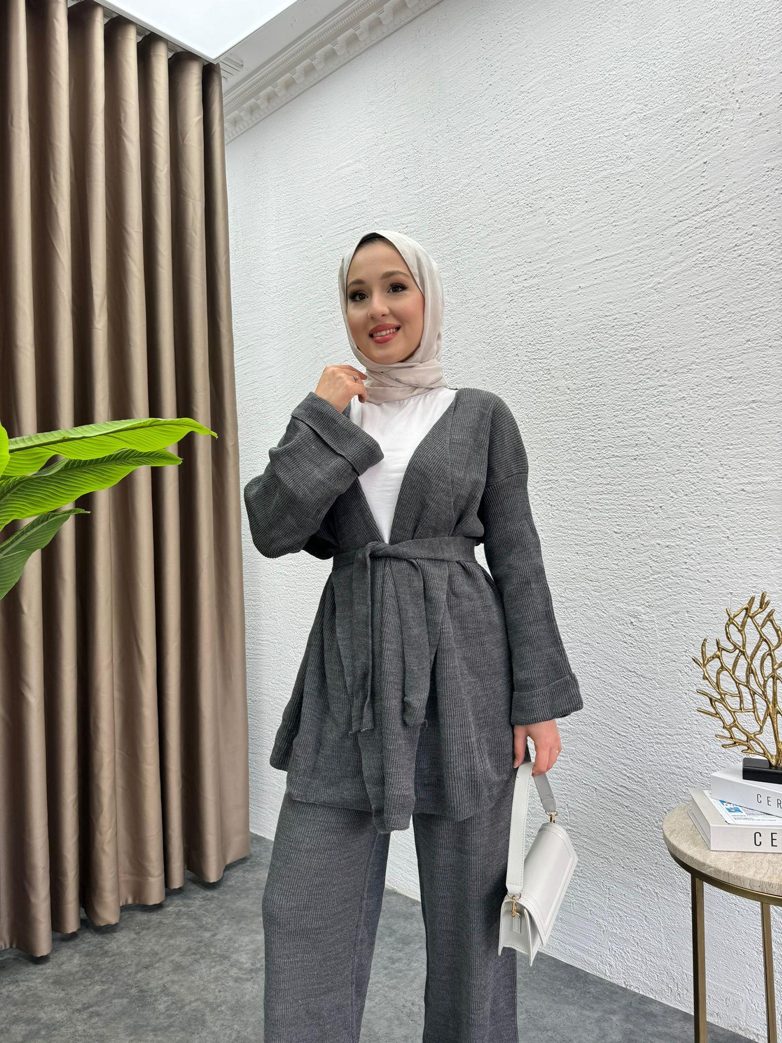 Waist-Tie Dress Knit Set Anthracite