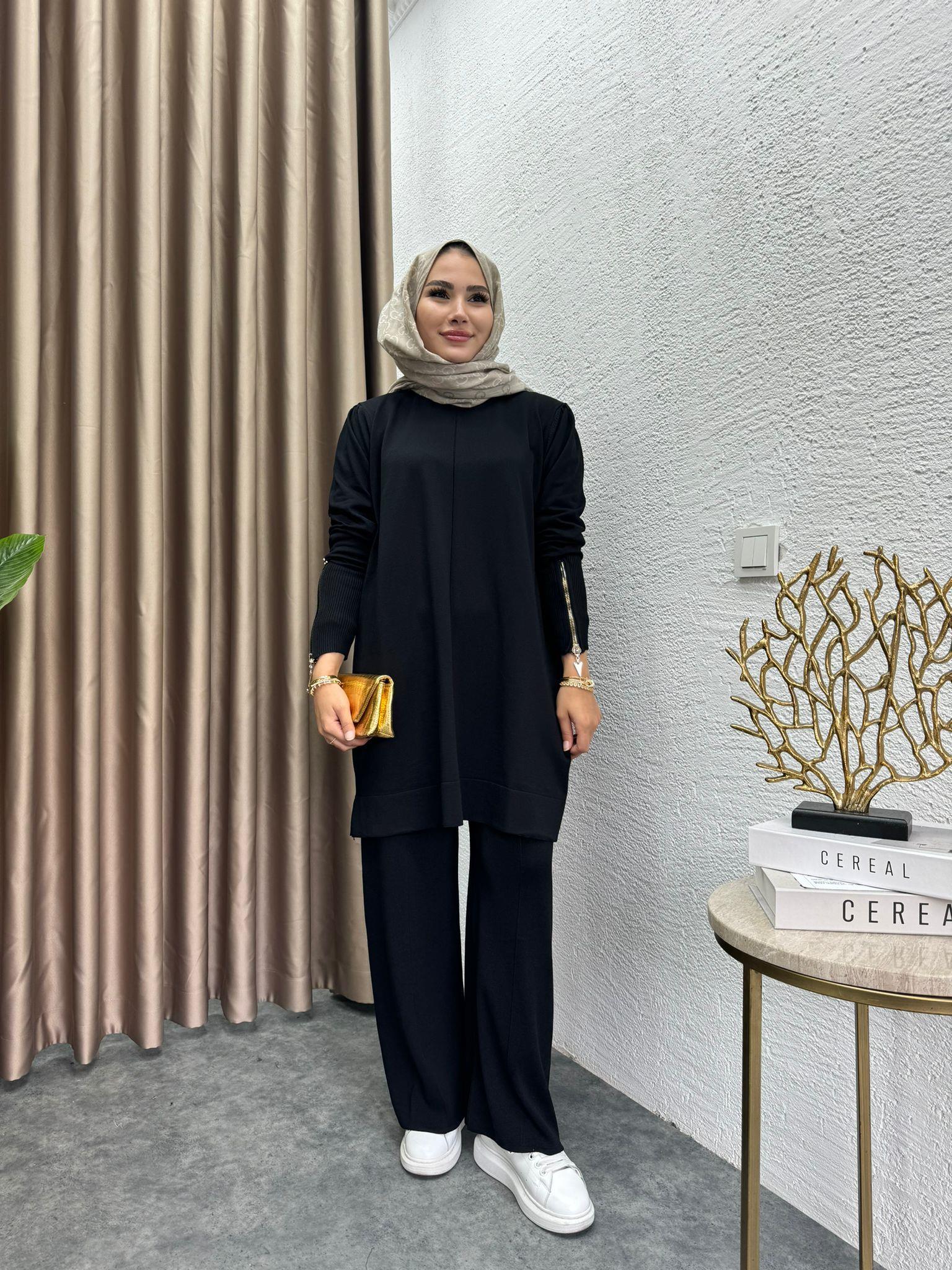 Sleeveu Zippered Merserized Knit Set Black