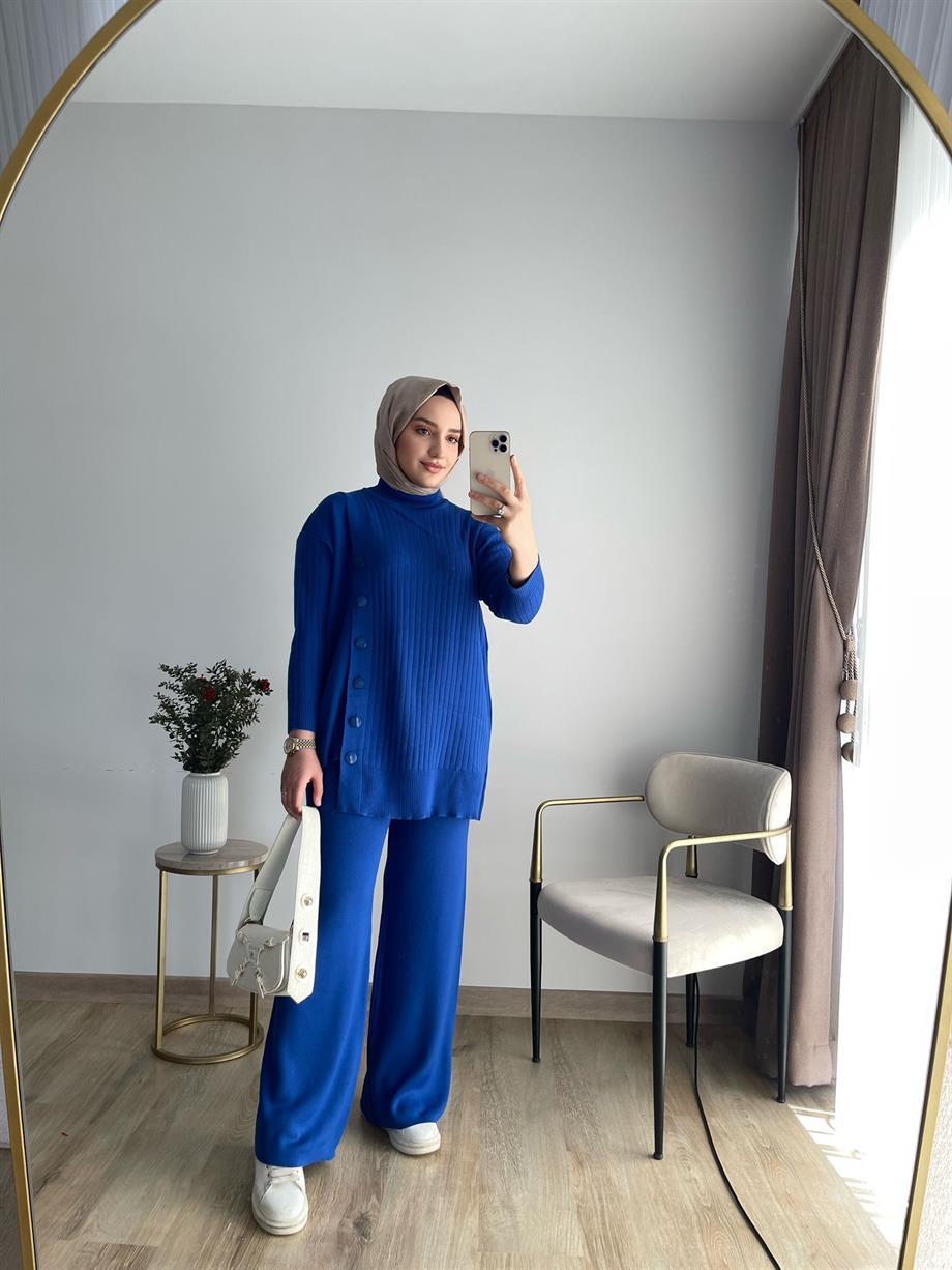 MEYSADESIGN TRİKO TAKIM Yan Düğmeli Triko Takım Saks