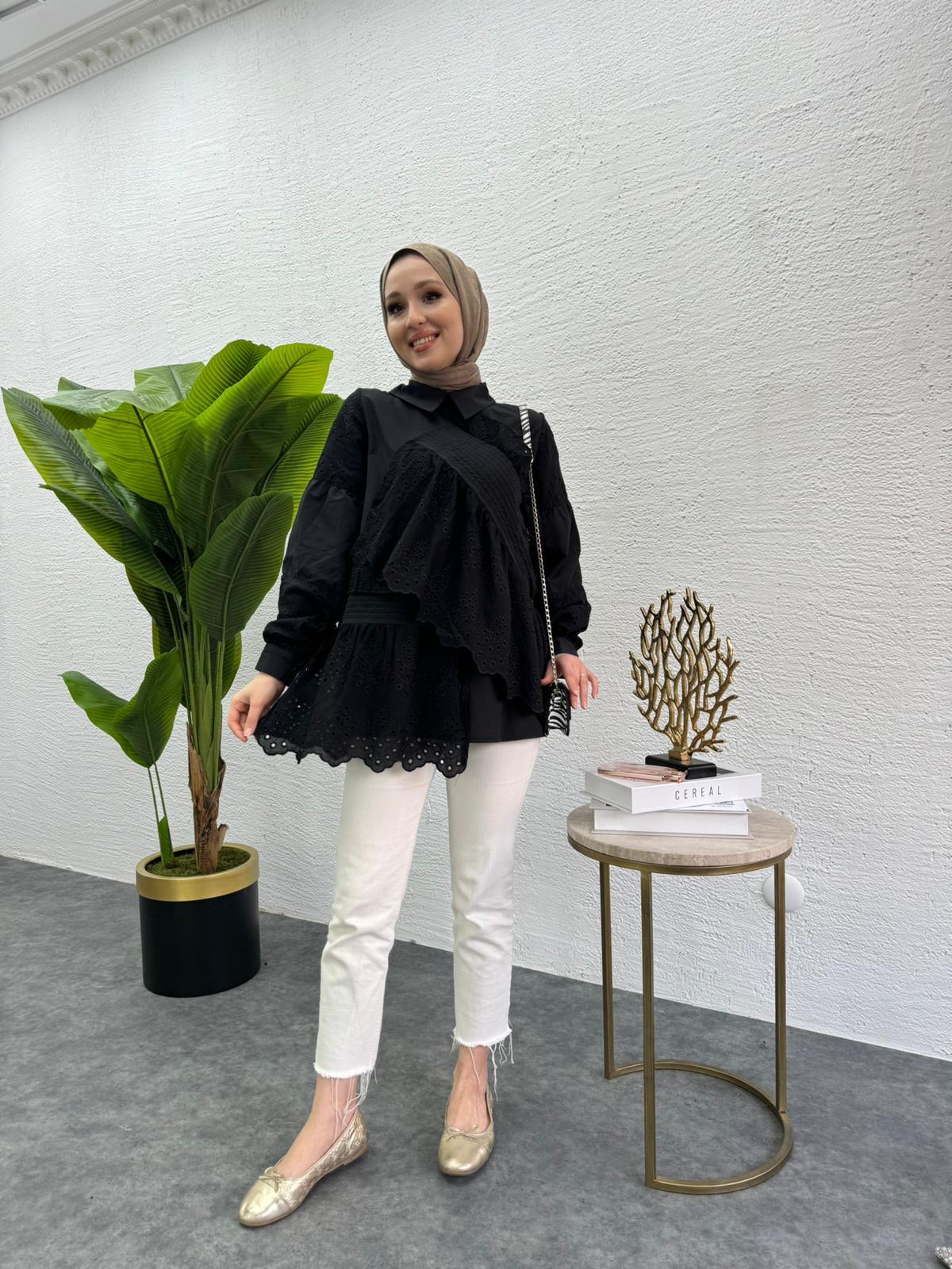 MEYSADESIGN TUNİK Parçalı Fisto Tunik Siyah