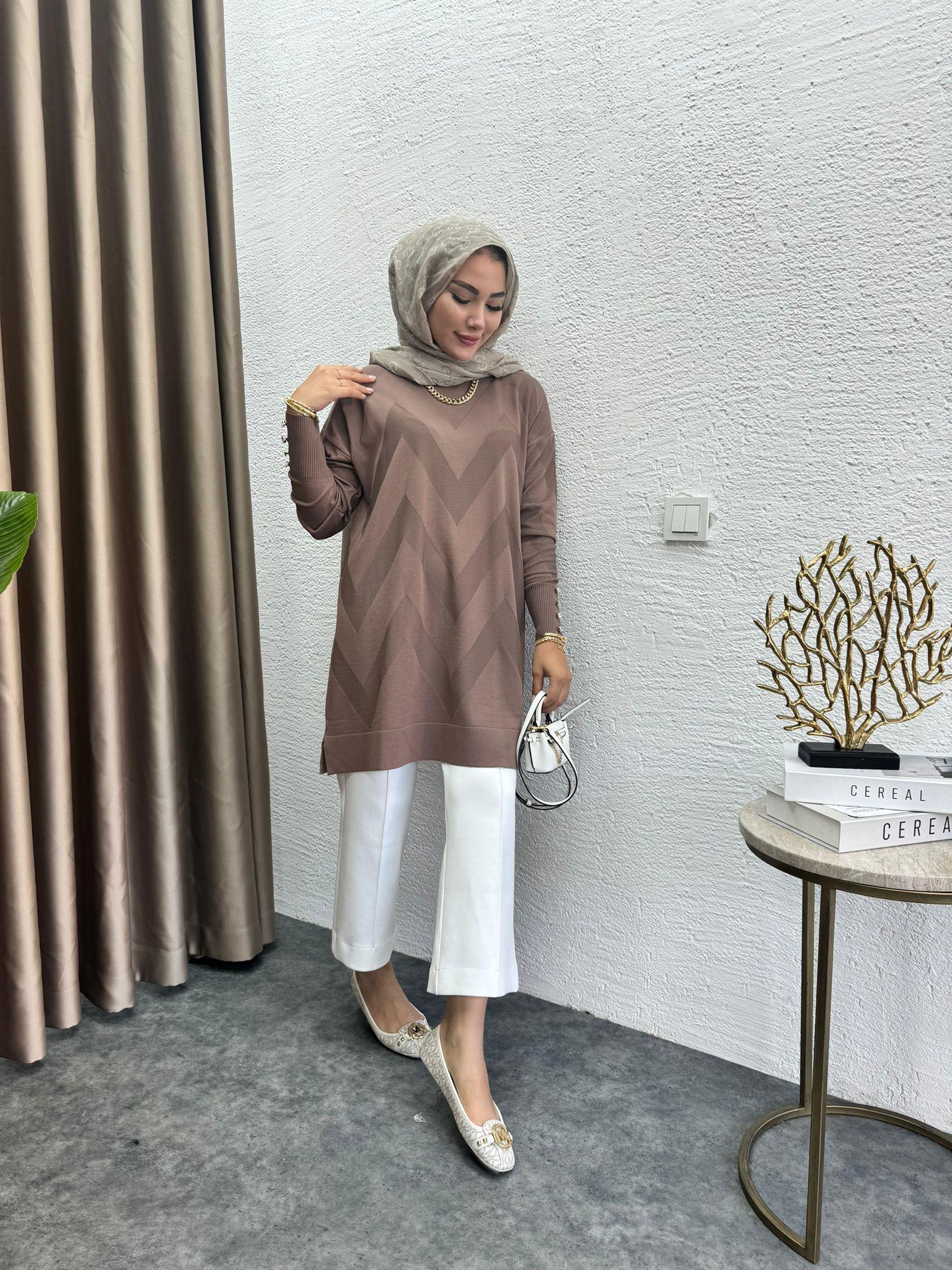 Zigzag Merserized Knit Tunic Brown