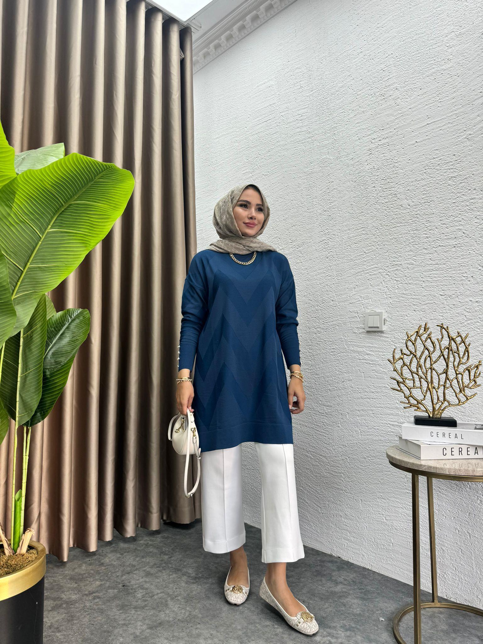 Zigzag Merserized Knit Tunic Ingido Blue