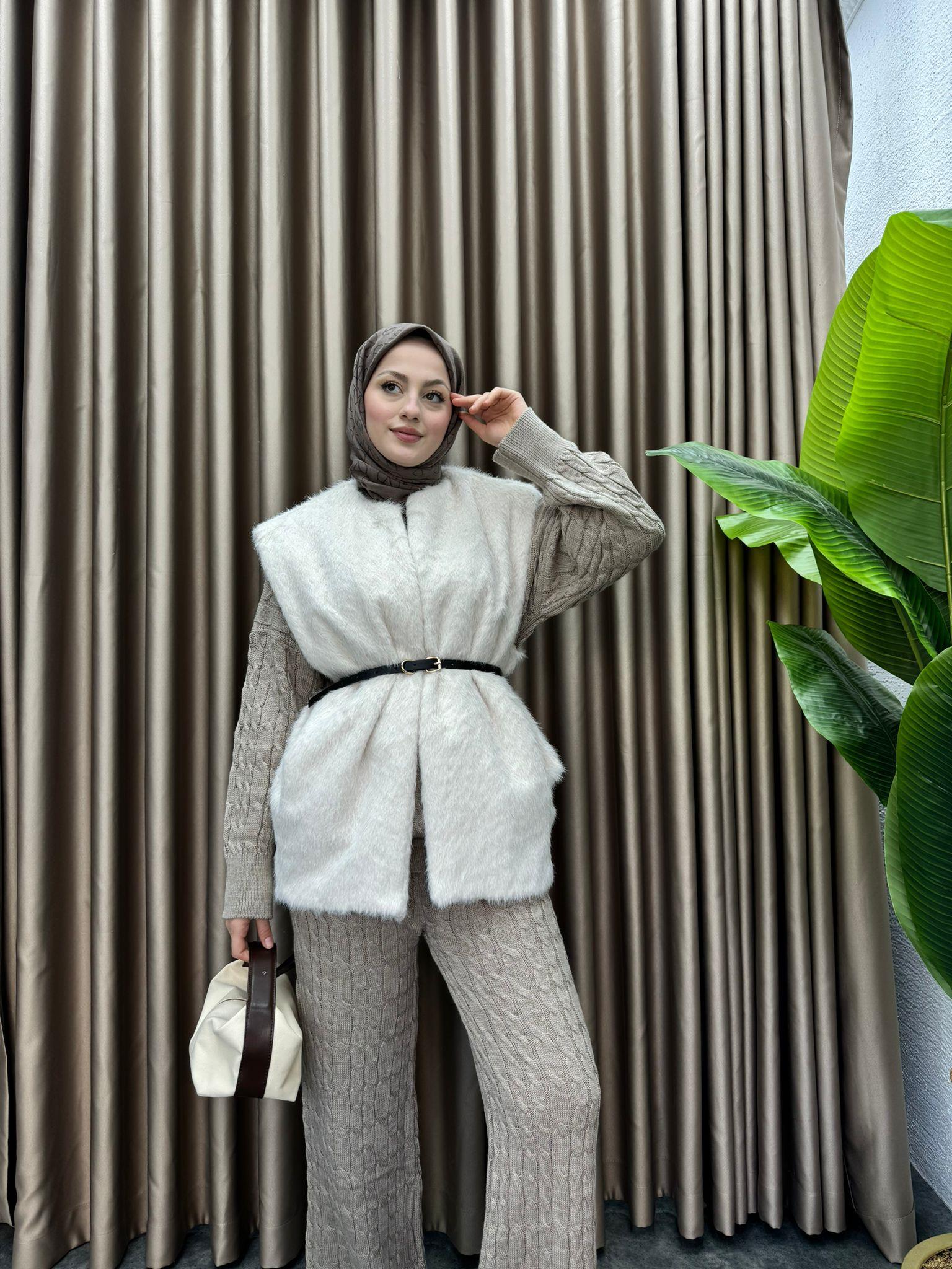 Plush Belted Waistcoat Beige