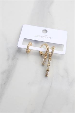 3'lü zirkon taşlı gold moda küpe