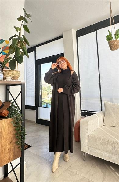 Kahve Elbise Hırka Takım