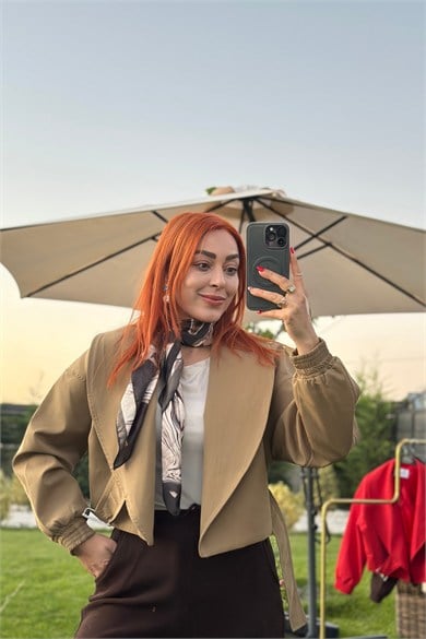 Trenç Ceket Bağlama Detaylı Süt Kahve