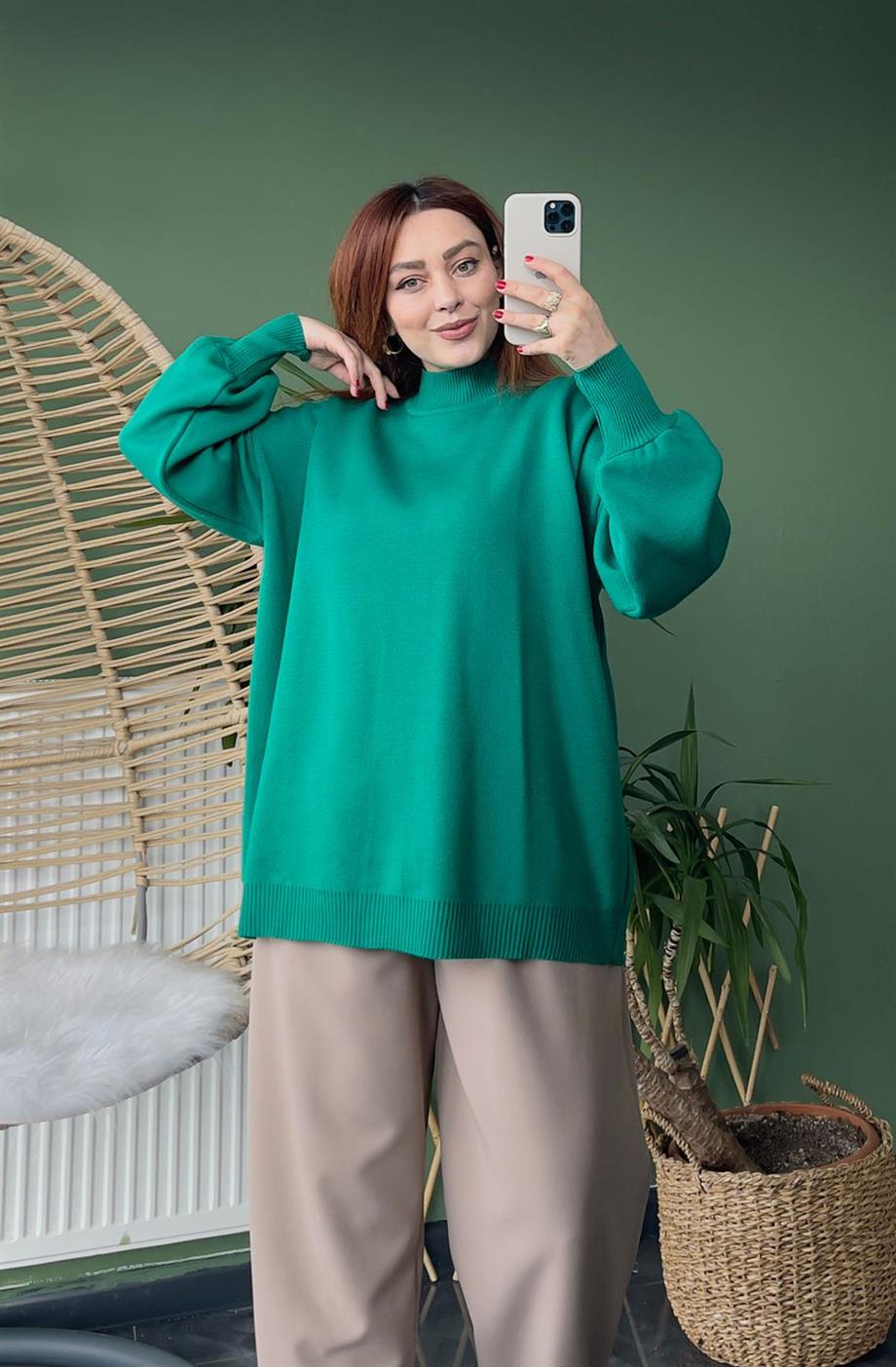 Balon Kol Dik Yaka Oversize Yeşil Triko Kazak