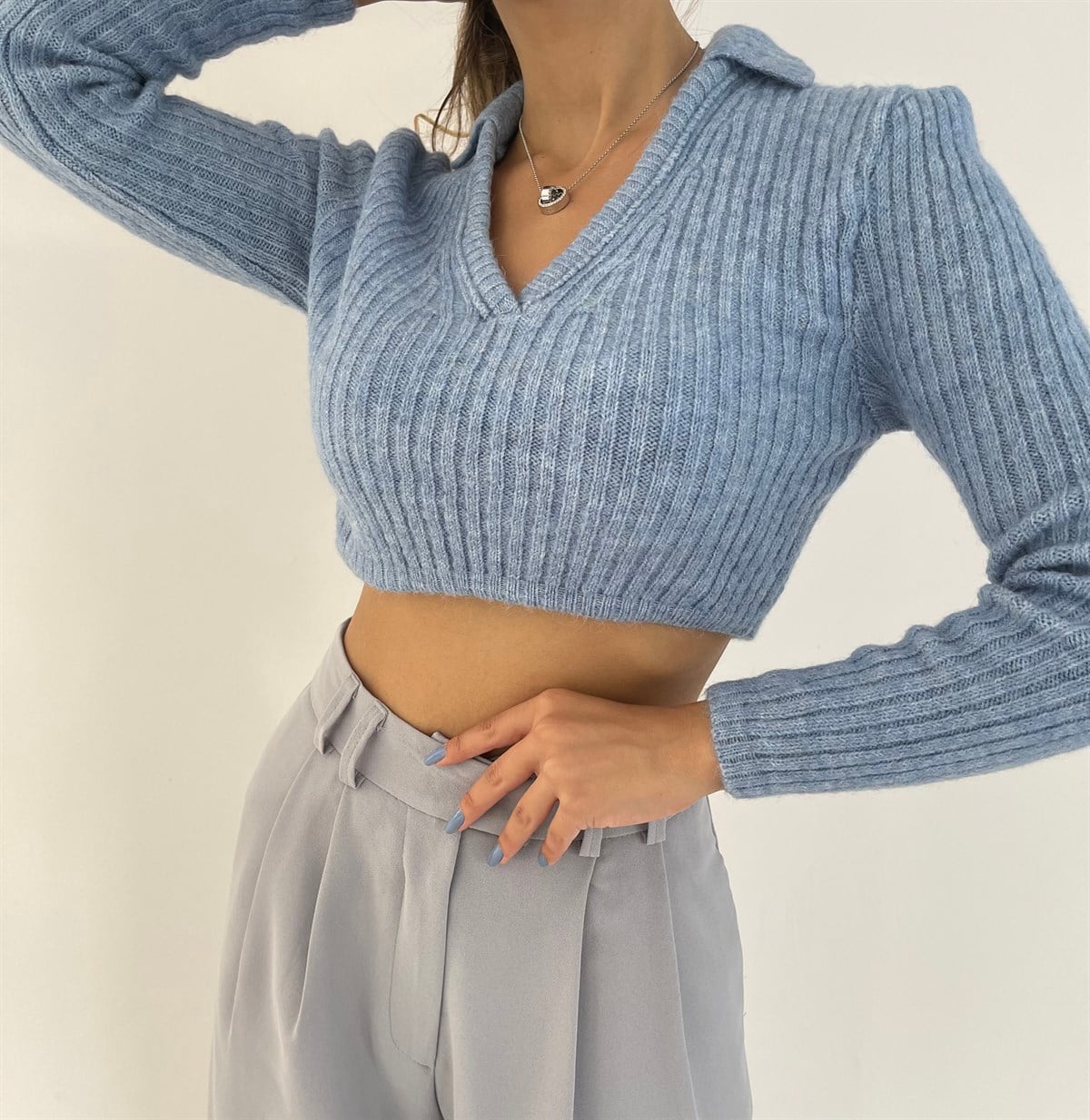 Bluer Polo Yaka Crop Kazak-Mavi