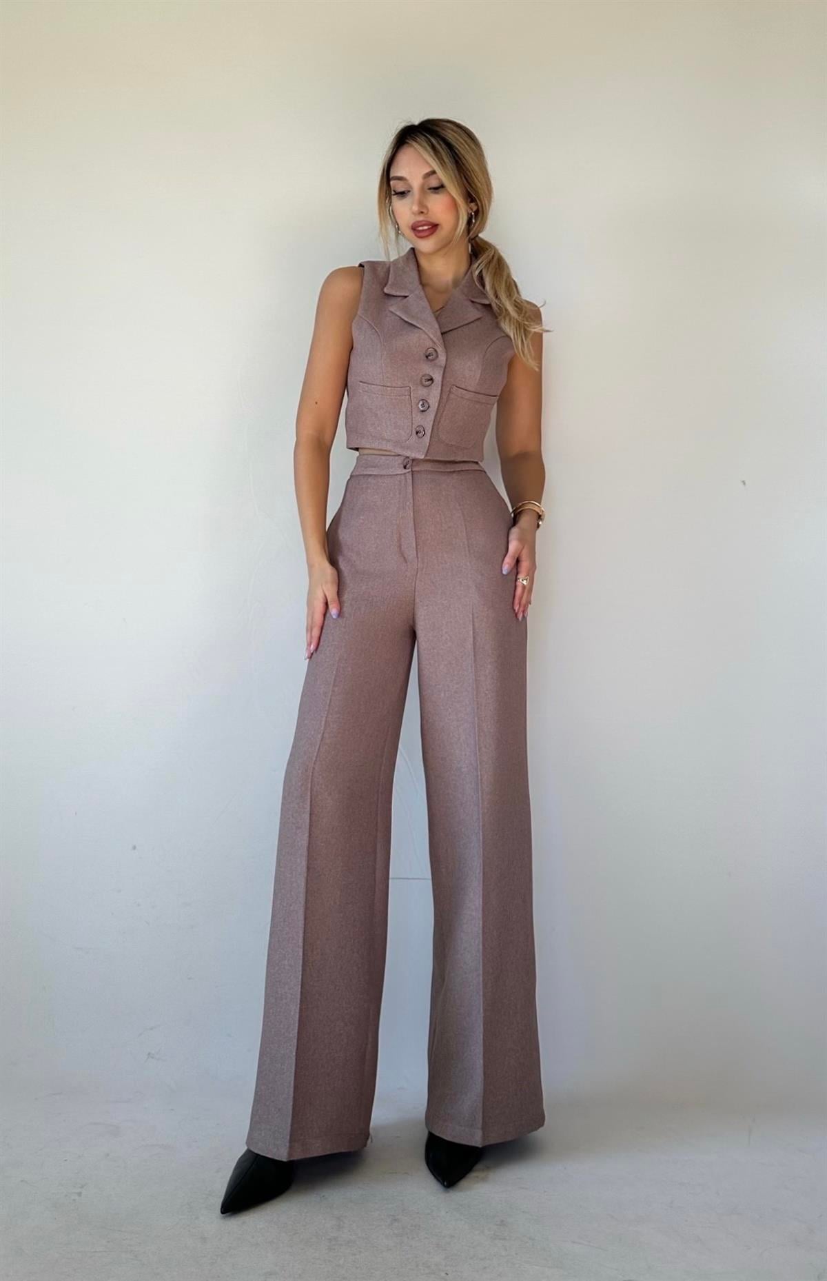 Mocha Yelek-Pantolon Takım Vizon