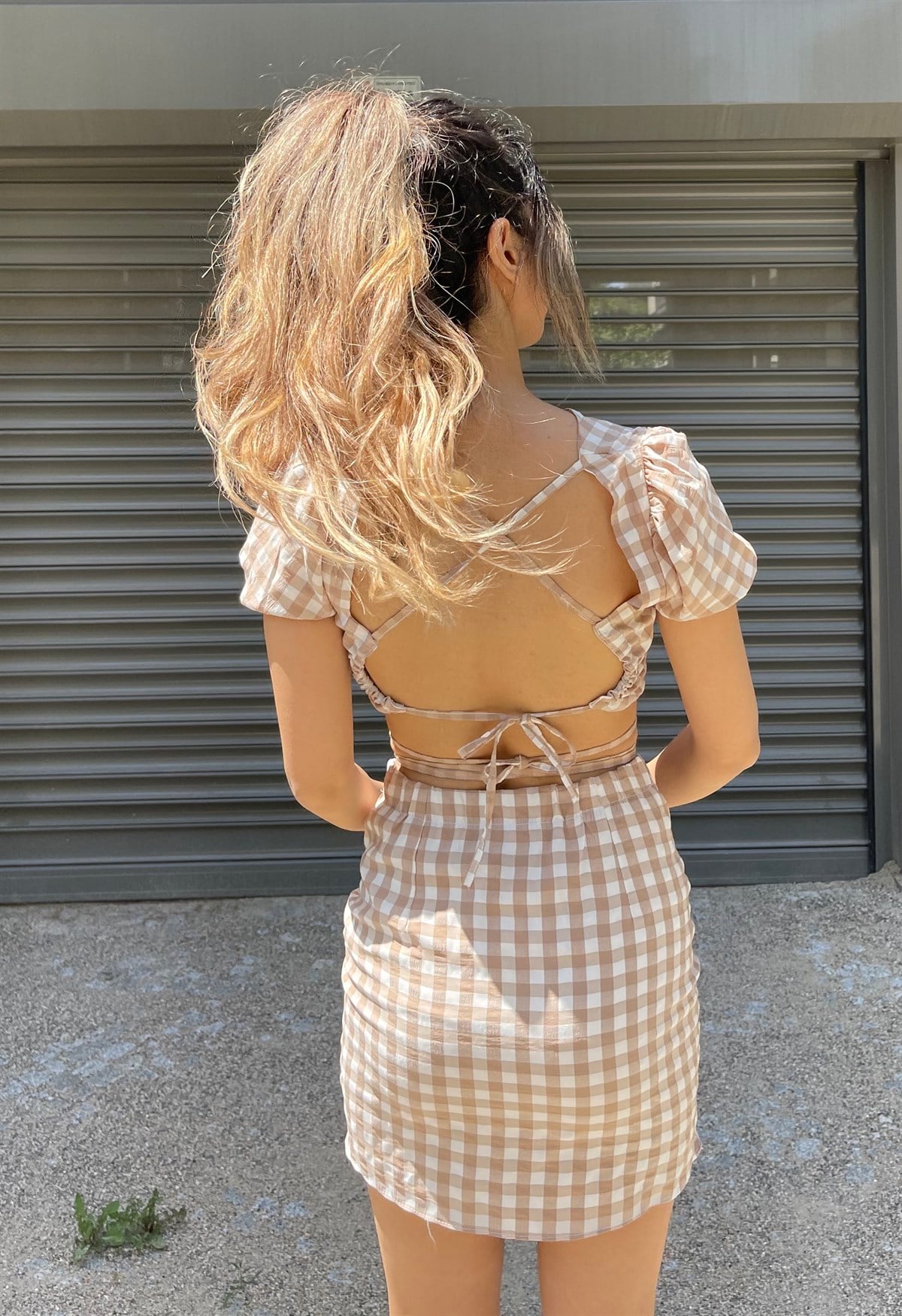 Pötikareli Sırt Dekolteli Cheri Takım-Camel